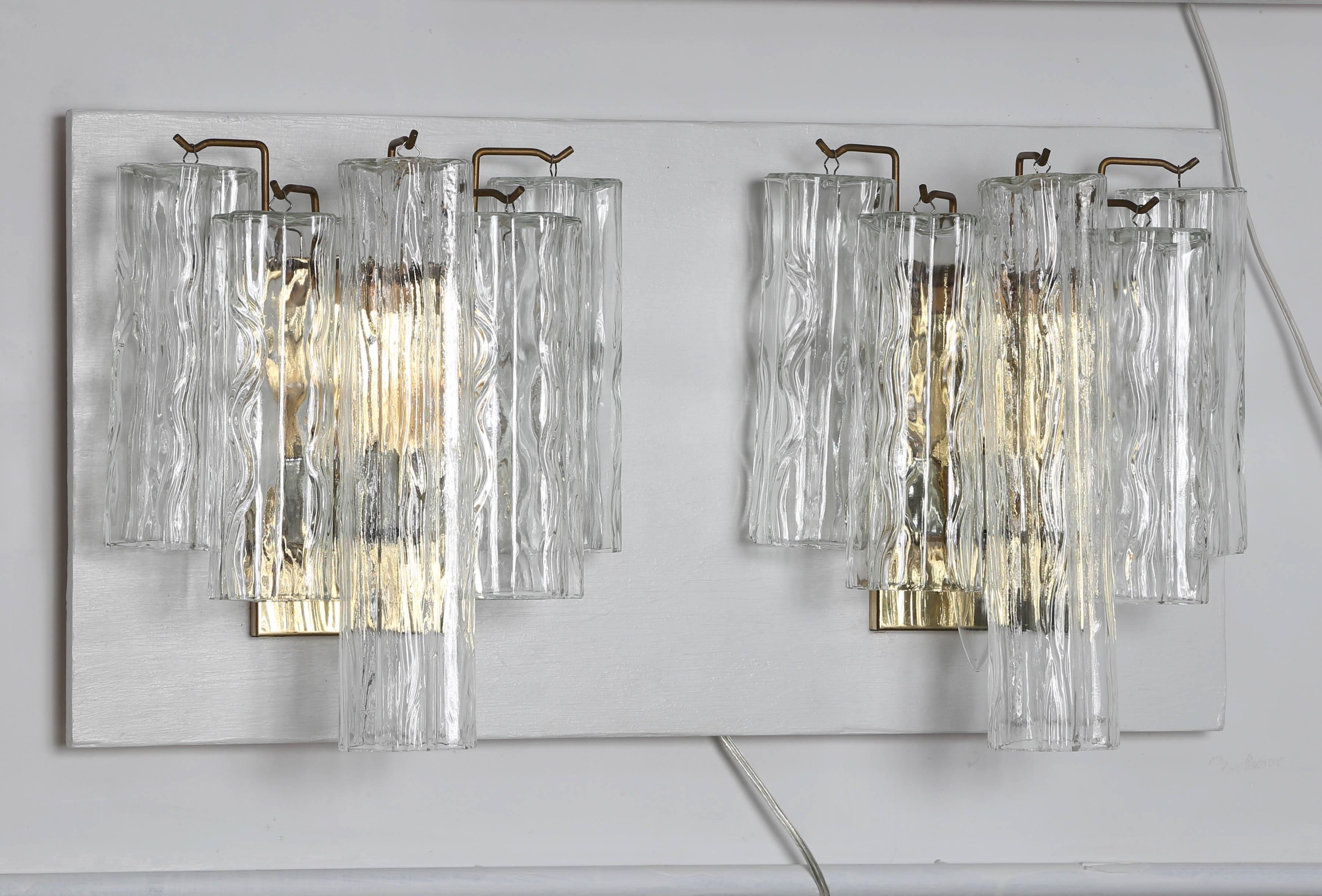 Italian Pair of 1970s Brass Murano Sconces with Tronchi Crystals