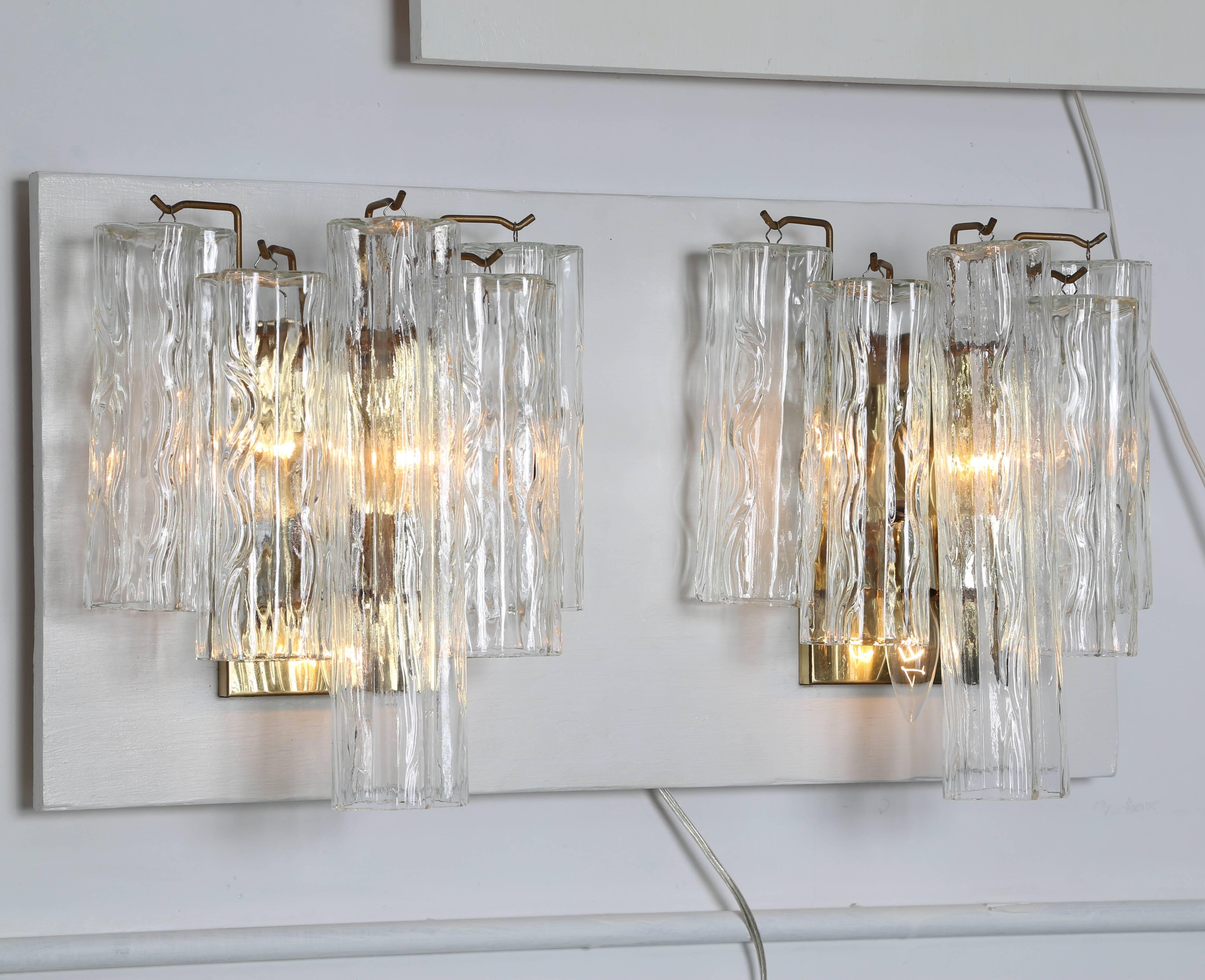 Pair of 1970s Brass Murano Sconces with Tronchi Crystals In Good Condition In Brooklyn, NY