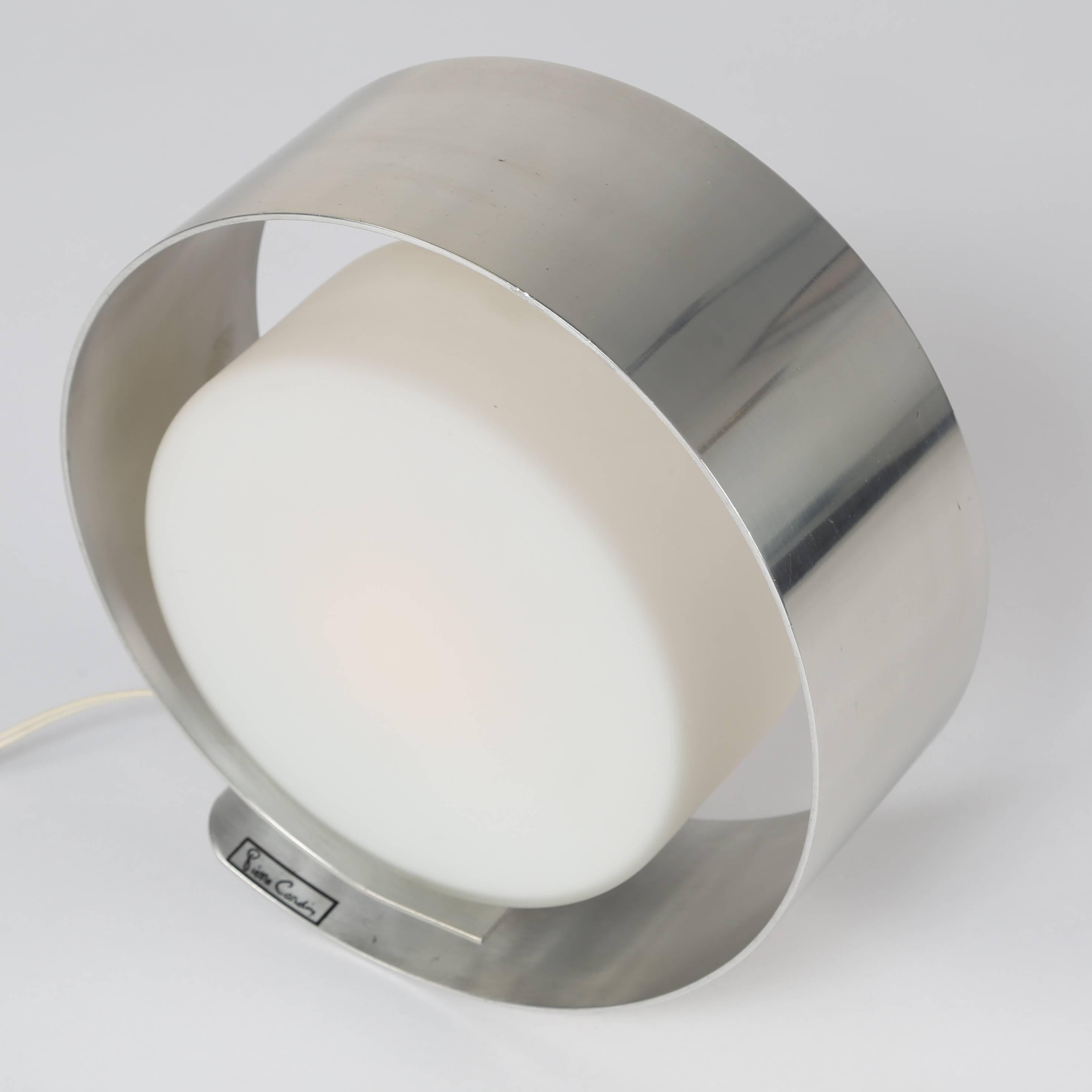 French Pierre Cardin 1970s Brushed Aluminum and Frosted Glass Table Lamp