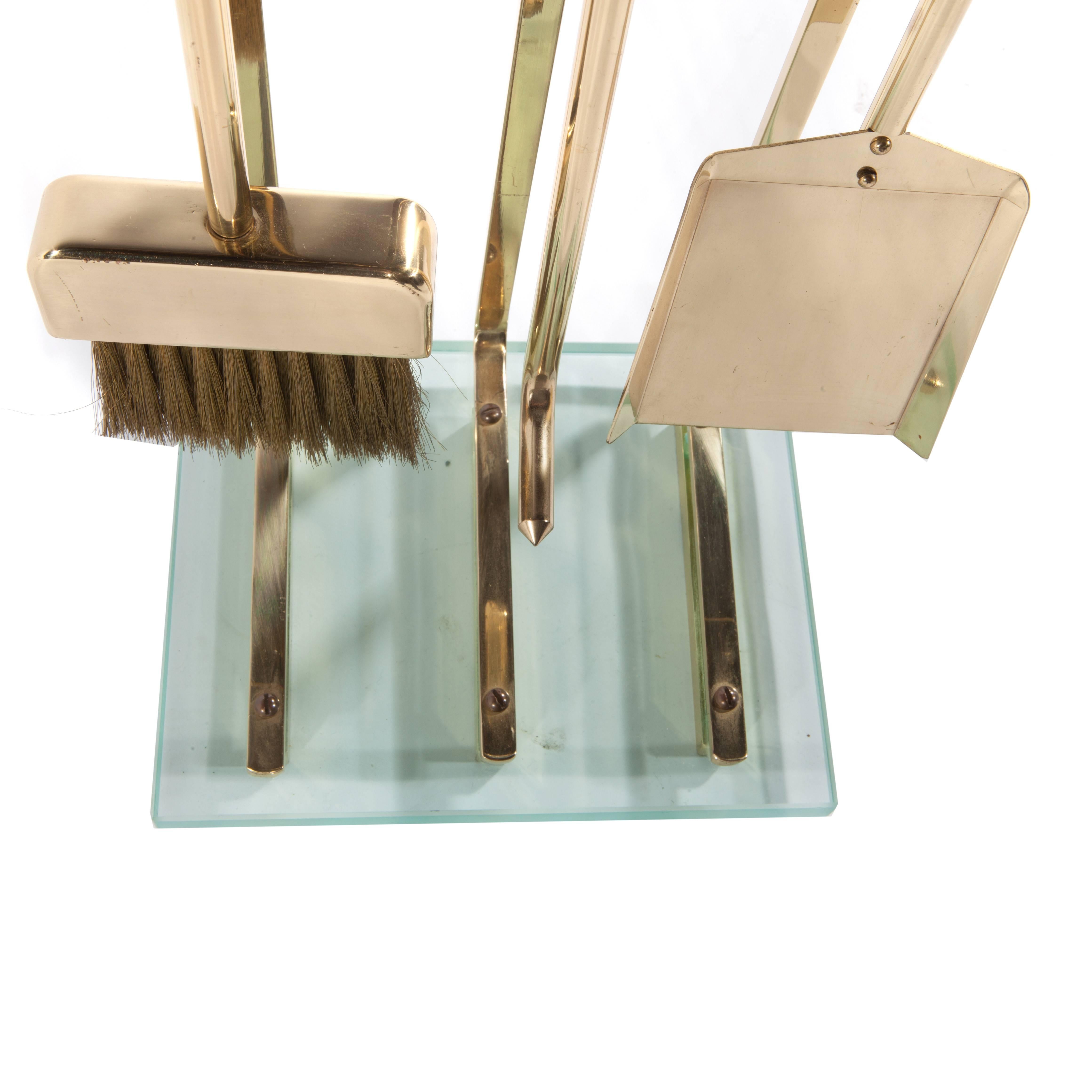 Polished Brass and Glass Fireplace Tool Set, Circa 1970s