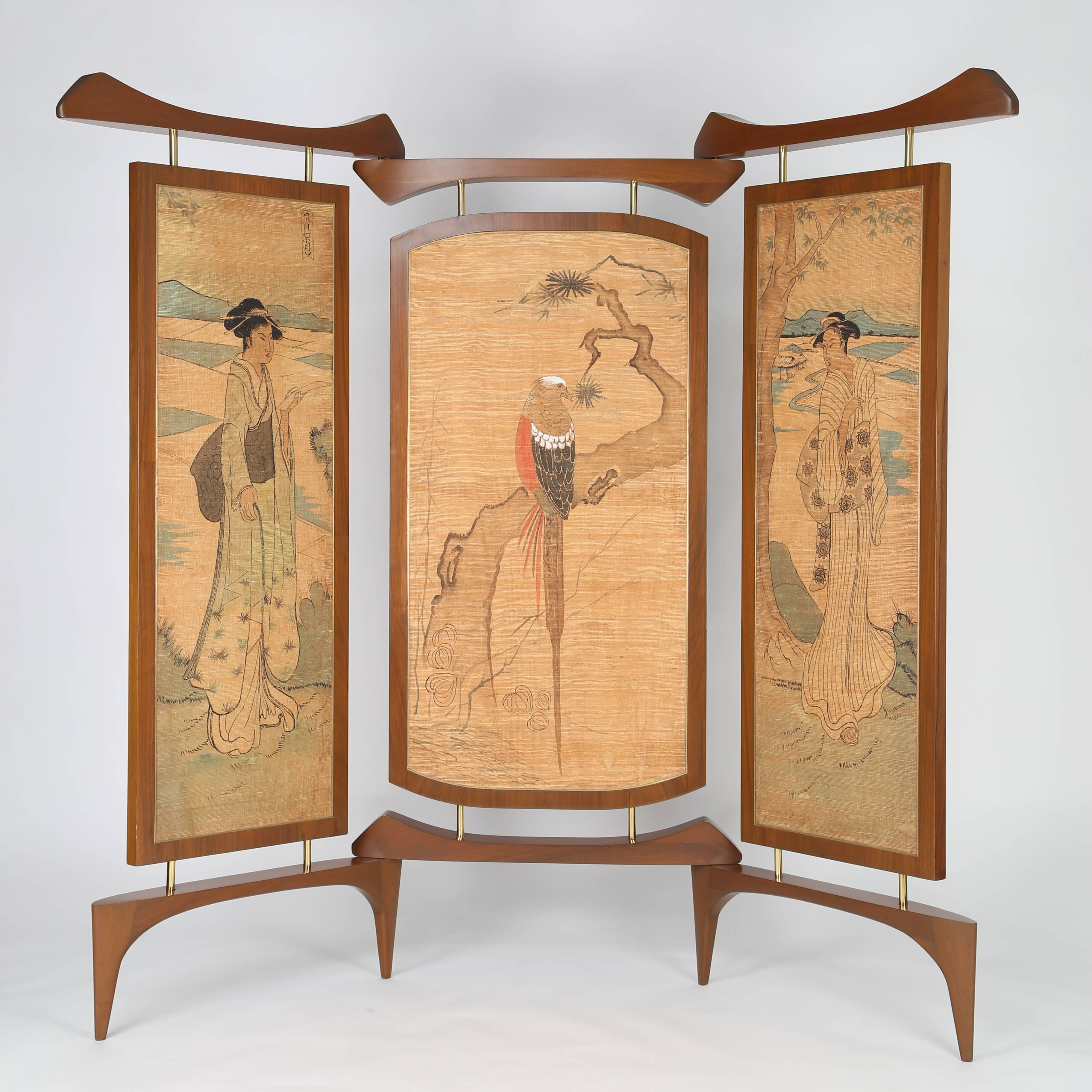 Extraordinary 1950s three-panel screen by interior designer, industrial designer and sculptor Frank Kyle (1914-1992), a native of Minneapolis who worked much of his career in California and Mexico City. One side of the screen features inlaid bronze