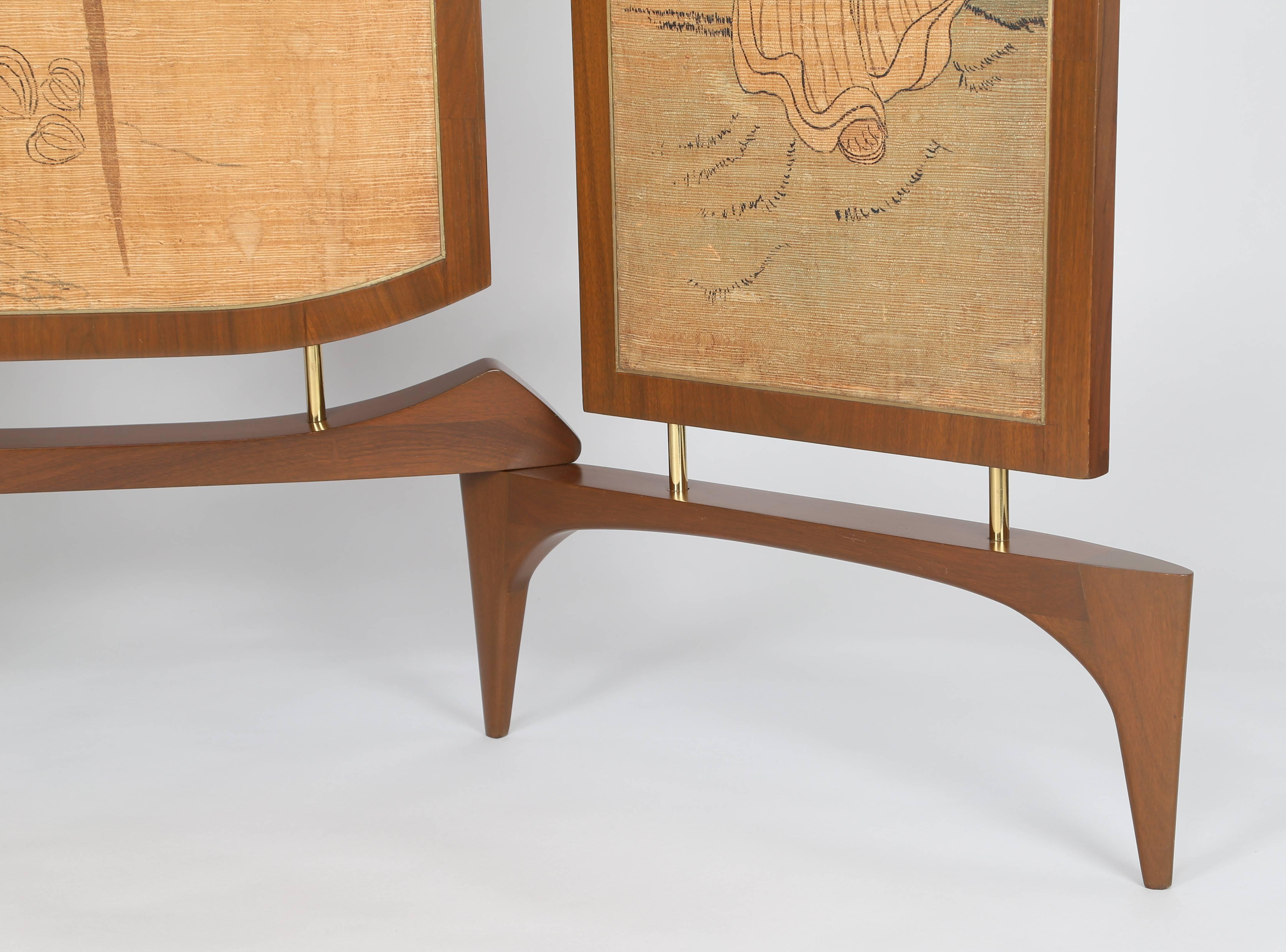 Frank Kyle Mexican Three-Panel Screen in Walnut and Bronze, Circa 1950s For Sale 4