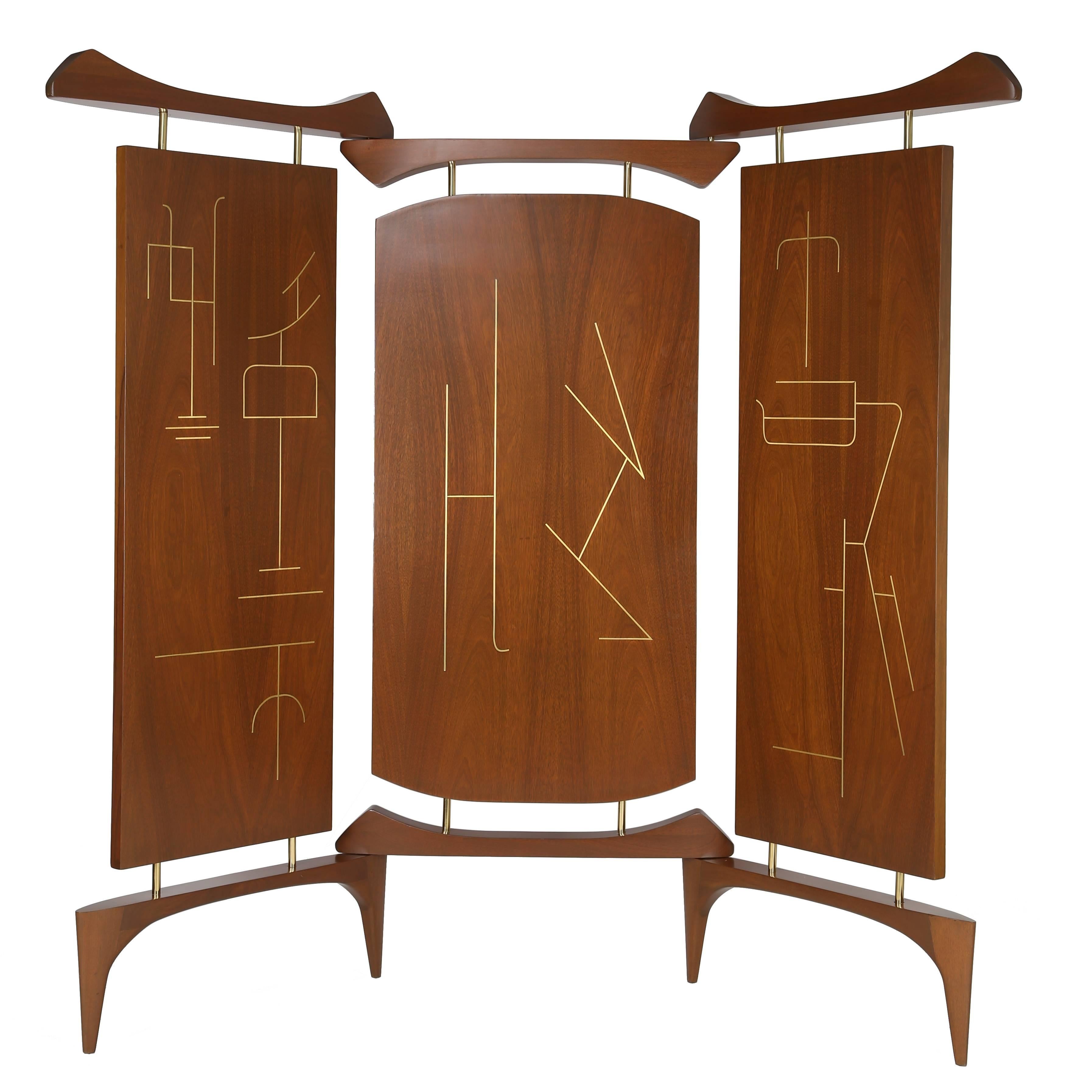 Frank Kyle Mexican Three-Panel Screen in Walnut and Bronze, Circa 1950s For Sale