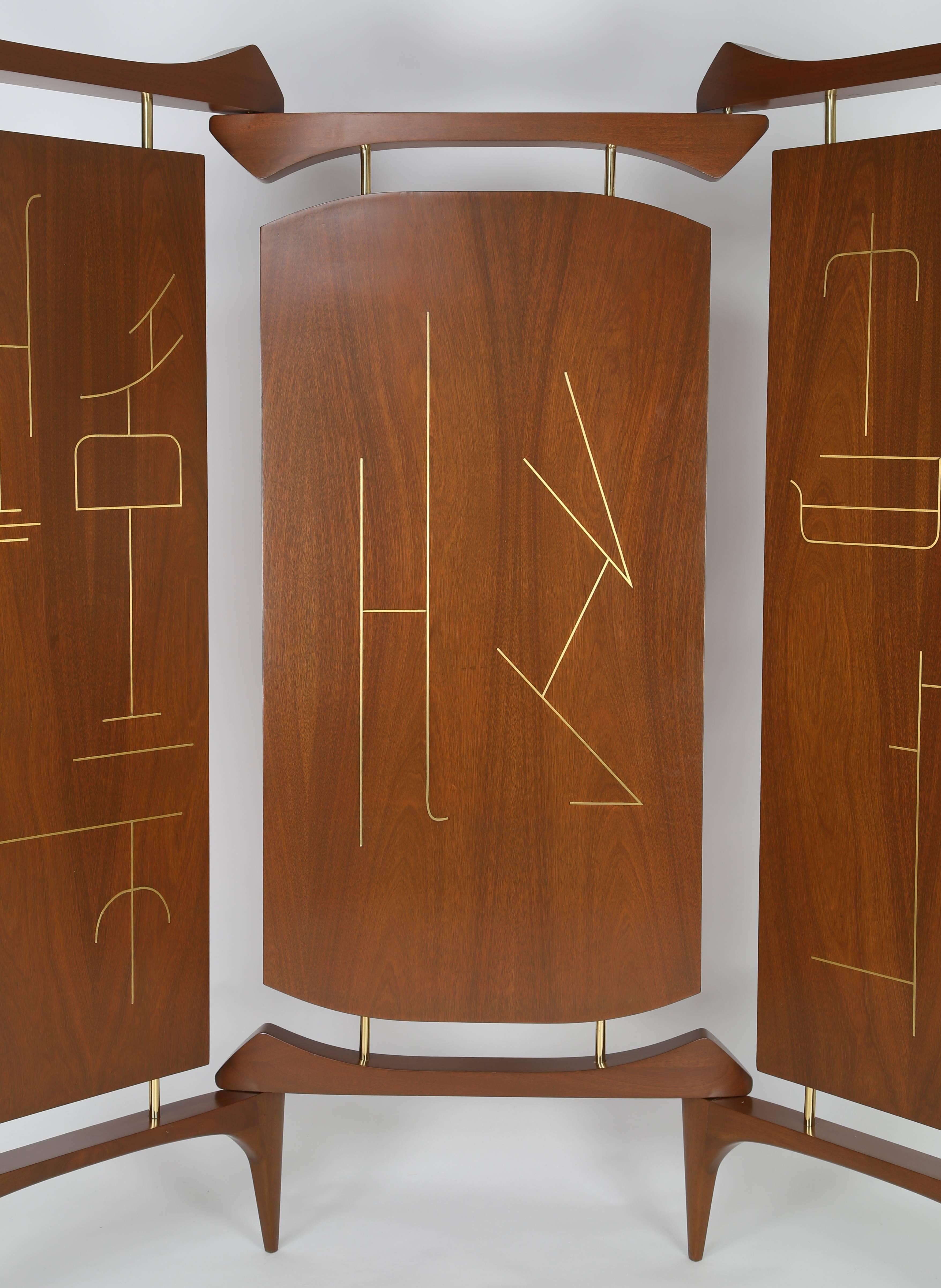 Mid-20th Century Frank Kyle Mexican Three-Panel Screen in Walnut and Bronze, Circa 1950s For Sale