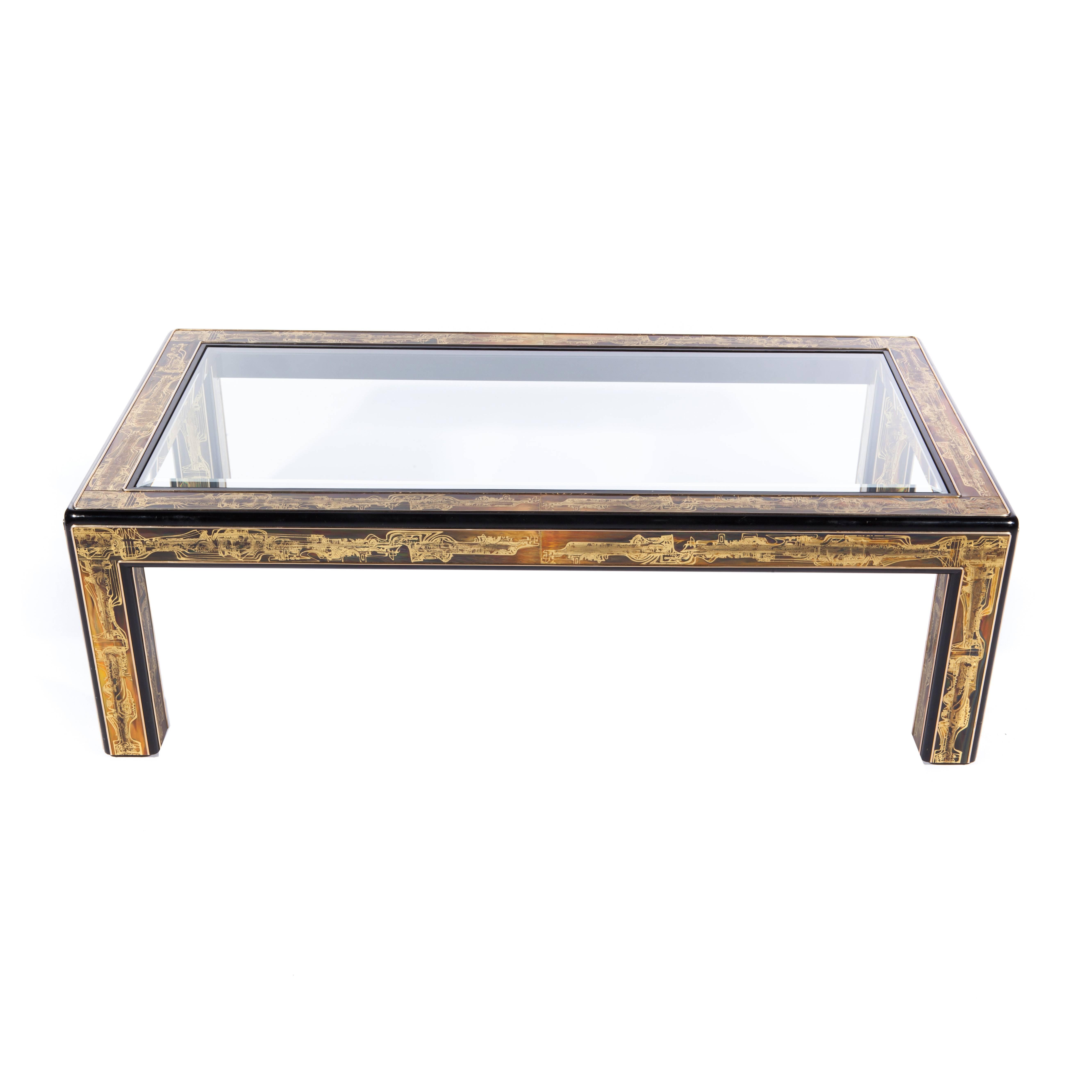 Parsons-style 1970s coffee table features black lacquered-wood frame with inset acid-etched brass panels with polished-brass trim. Beveled-glass top. Designed and executed by Bernhard Rohne for Mastercraft. 

See this item in our Brooklyn showroom,