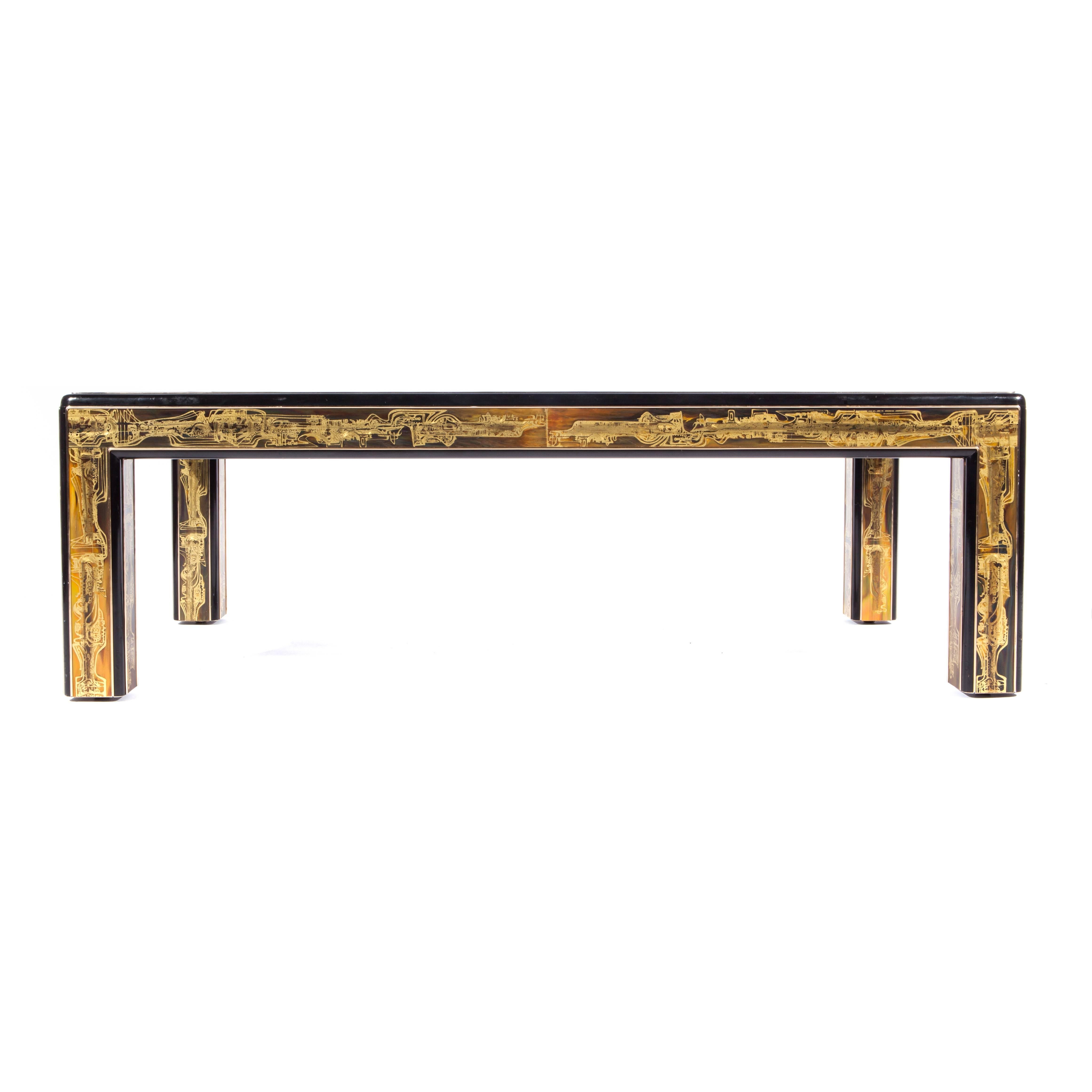 American Mastercraft Coffee Table in Acid-Etched Brass by Bernhard Rohne, Circa 1970s