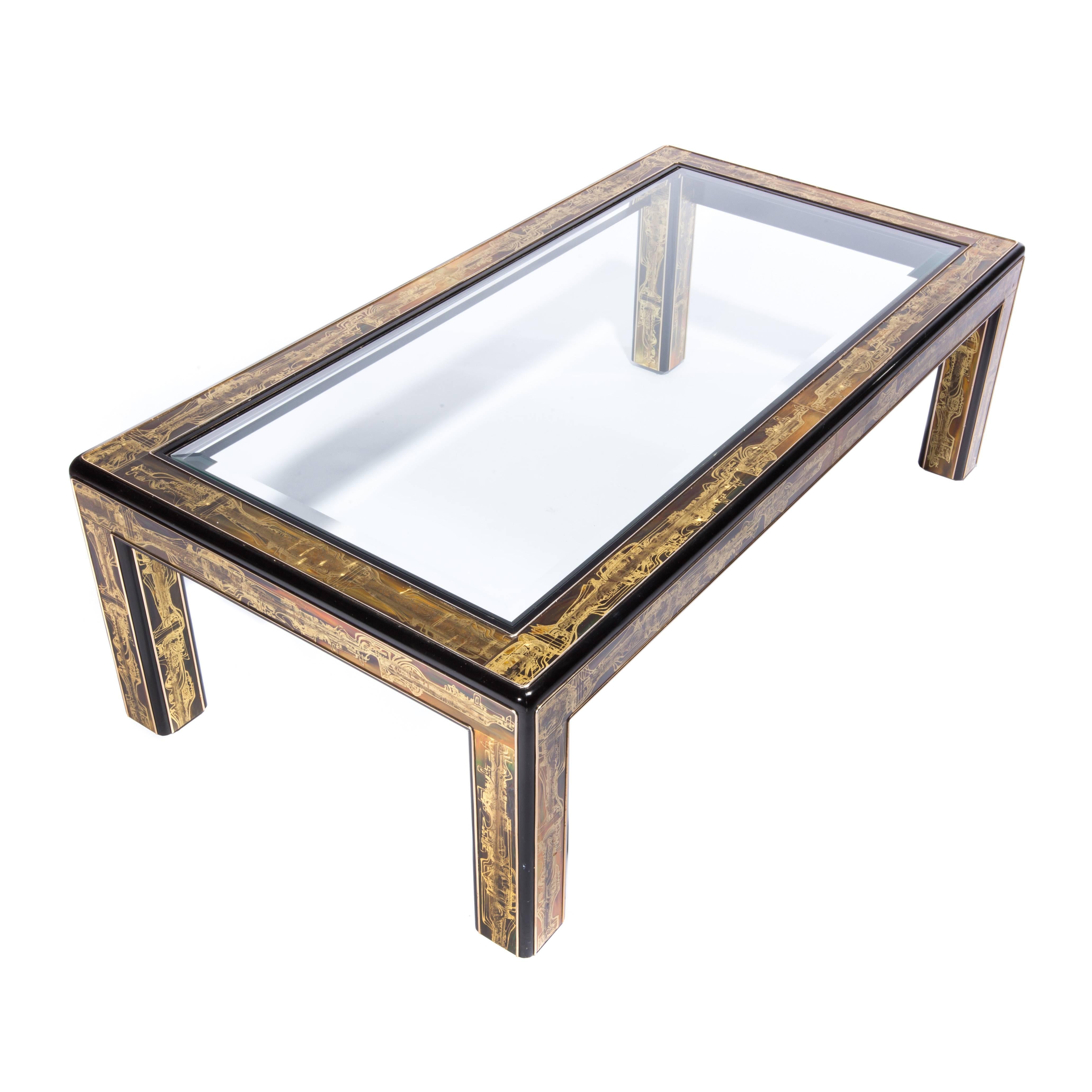 Lacquered Mastercraft Coffee Table in Acid-Etched Brass by Bernhard Rohne, Circa 1970s