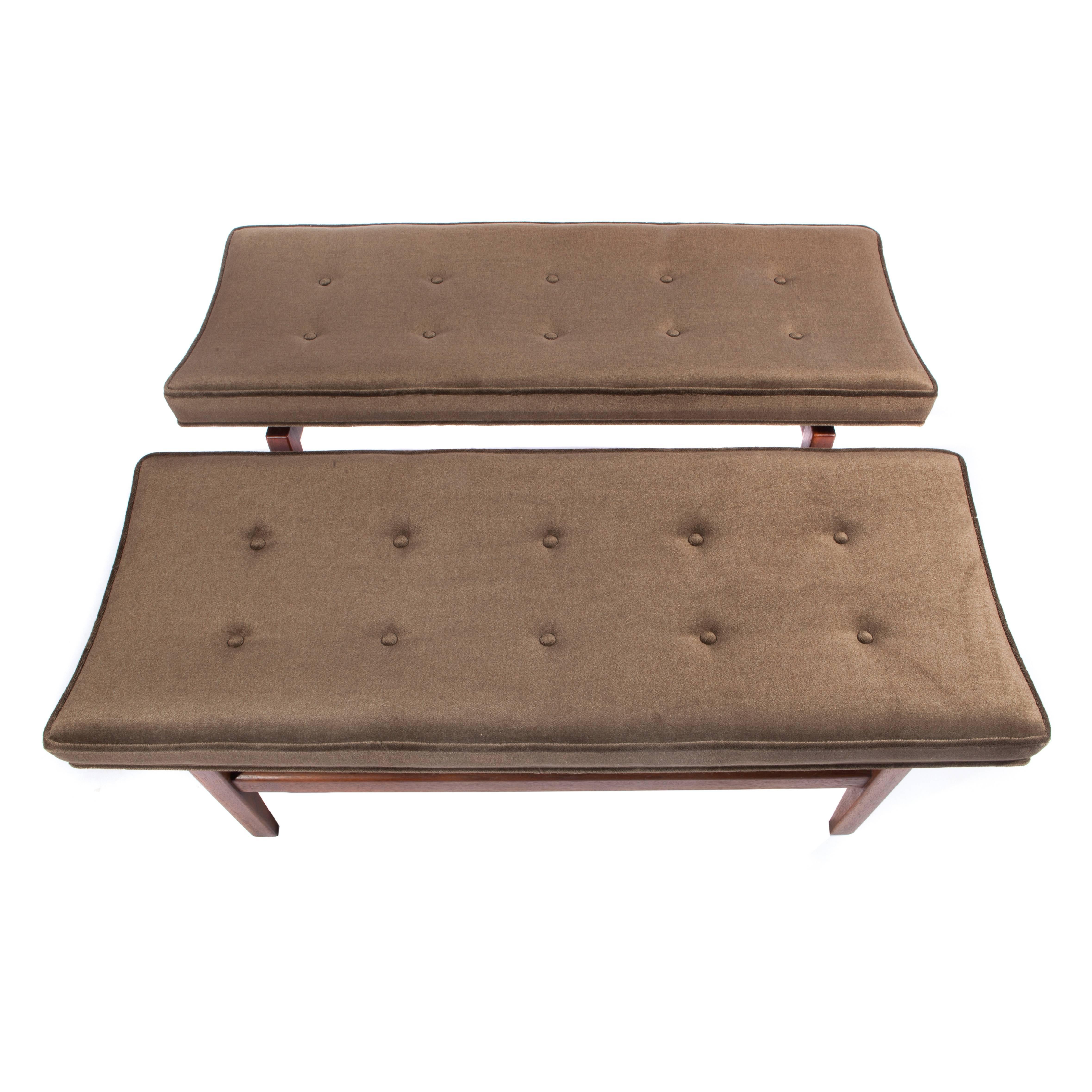 American Jens Risom Pair of 1960s Cantilevered Walnut and Mohair Benches