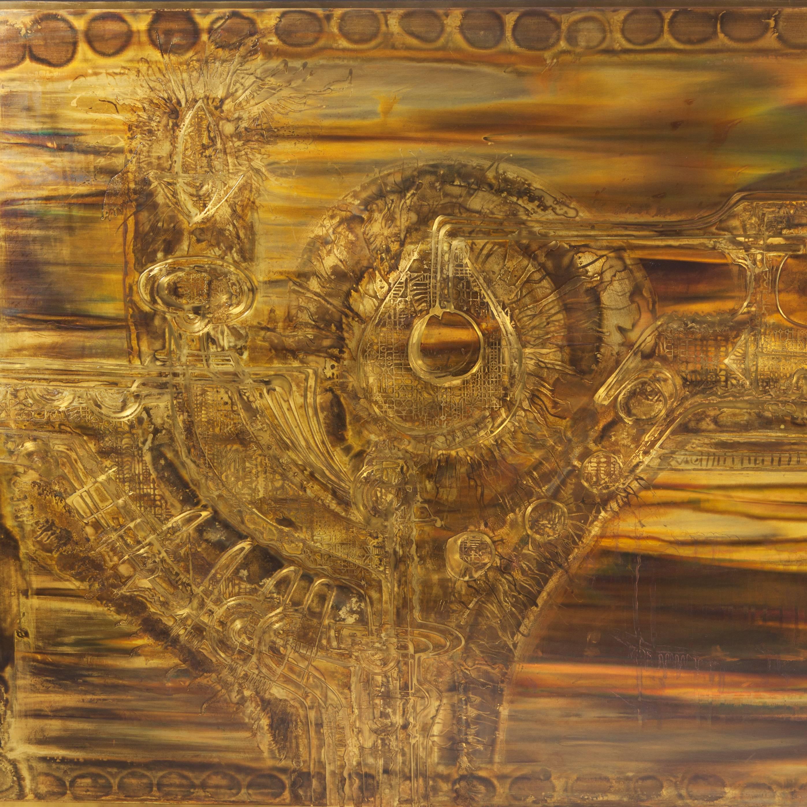 Large Acid-Etched and Oxidized Brass Panel by Bernhard Rohne, 1970s In Good Condition For Sale In Brooklyn, NY