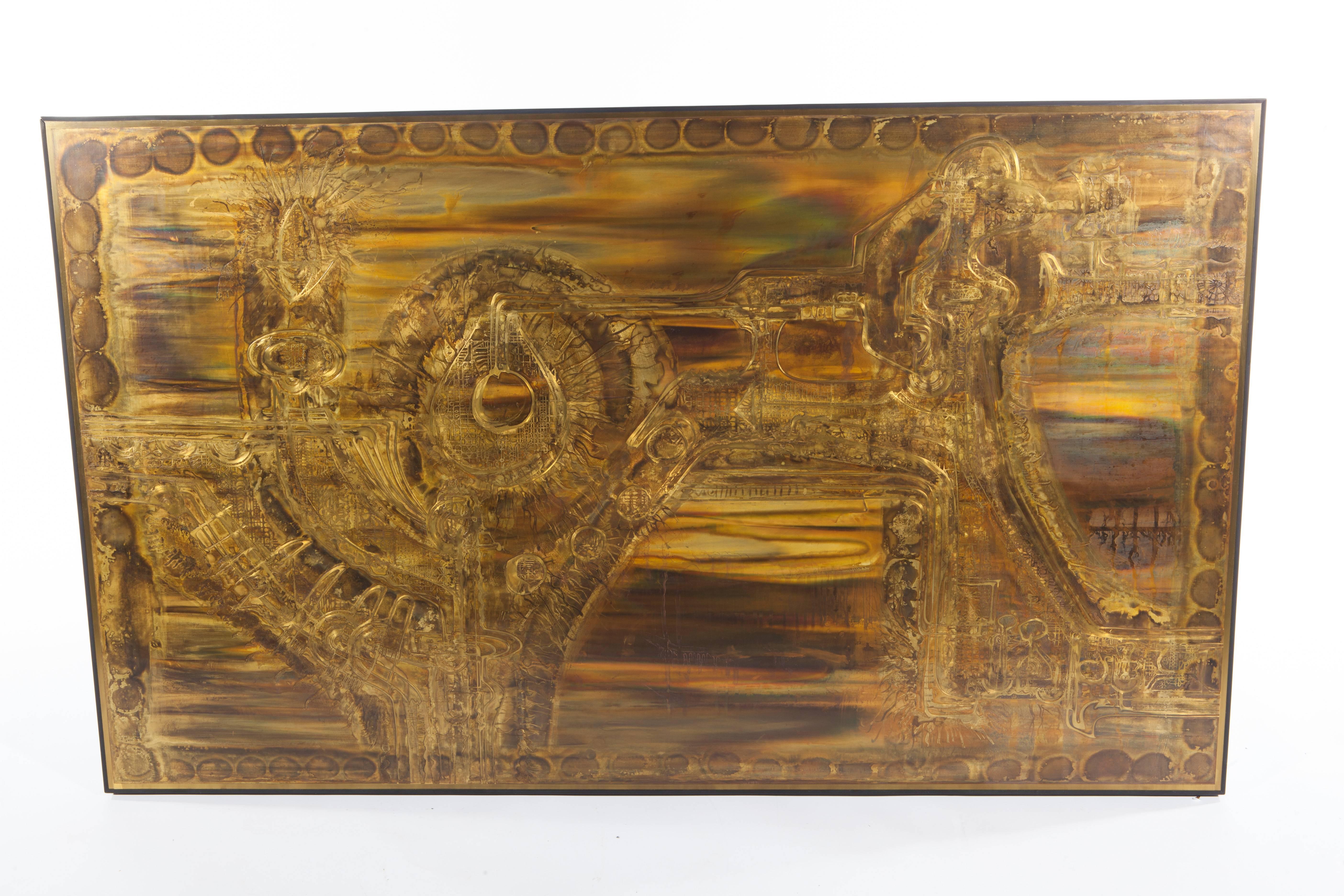 Large Acid-Etched and Oxidized Brass Panel by Bernhard Rohne, 1970s For Sale 1