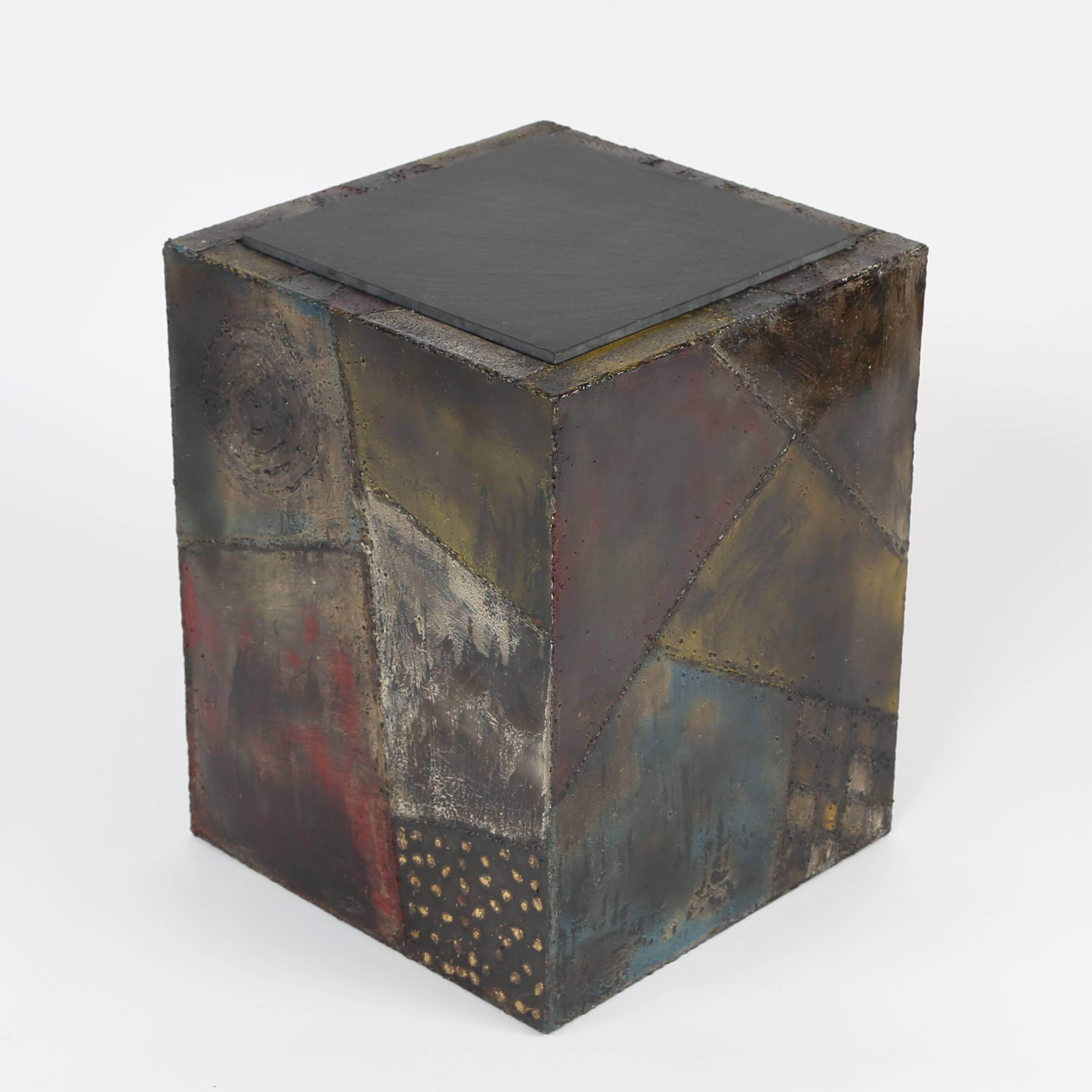 Slate 1960s Paul Evans Welded and Polychromed Steel Cube End Table