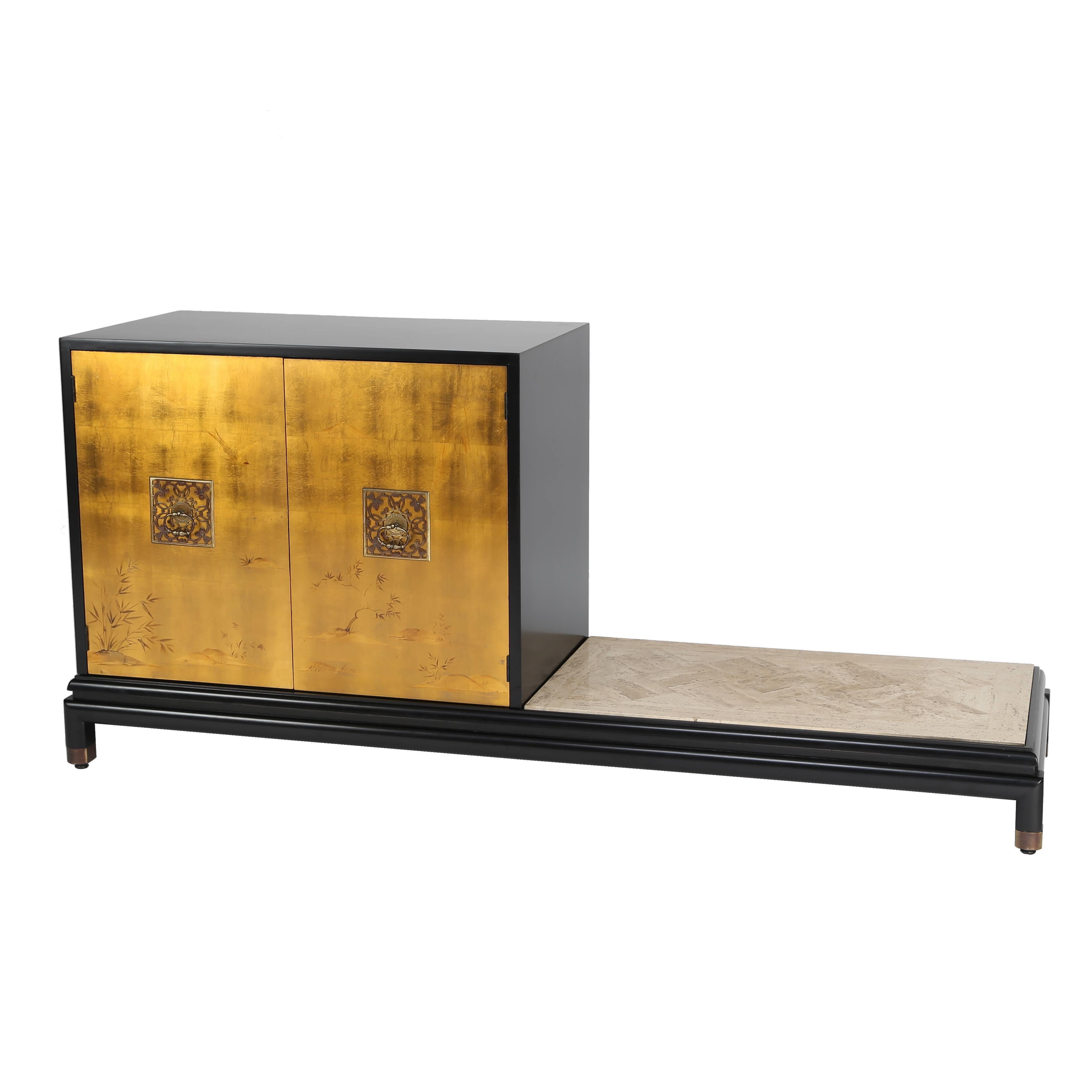 Renzo Rutili Cabinet with Bench in Gilt, Black Lacquer & Travertine, Circa 1960s For Sale