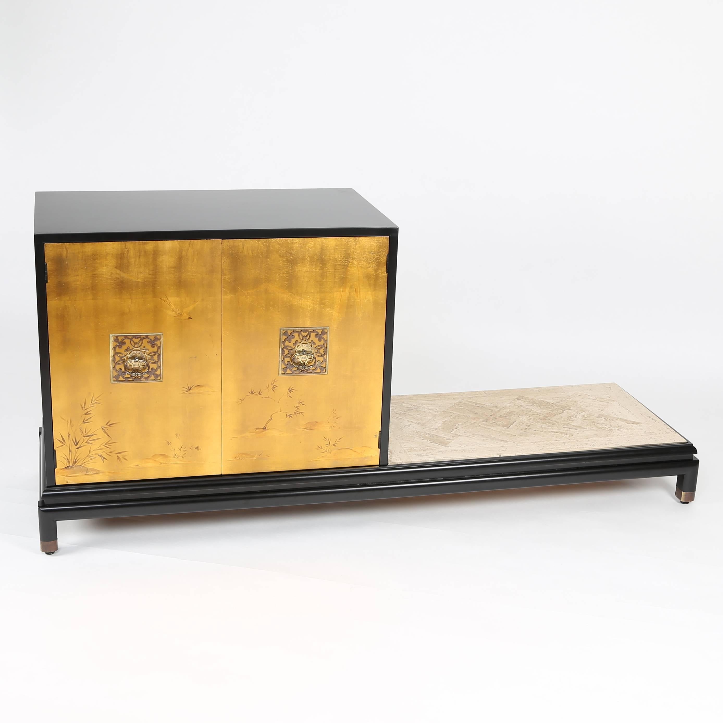 An asymmetrical cabinet with bench in Rutili's signature style, featuring a mix of modern and Asian elements. A single, black-lacquered platform on four feet supports a travertine bench or platform on the right side; on the left is a two-door
