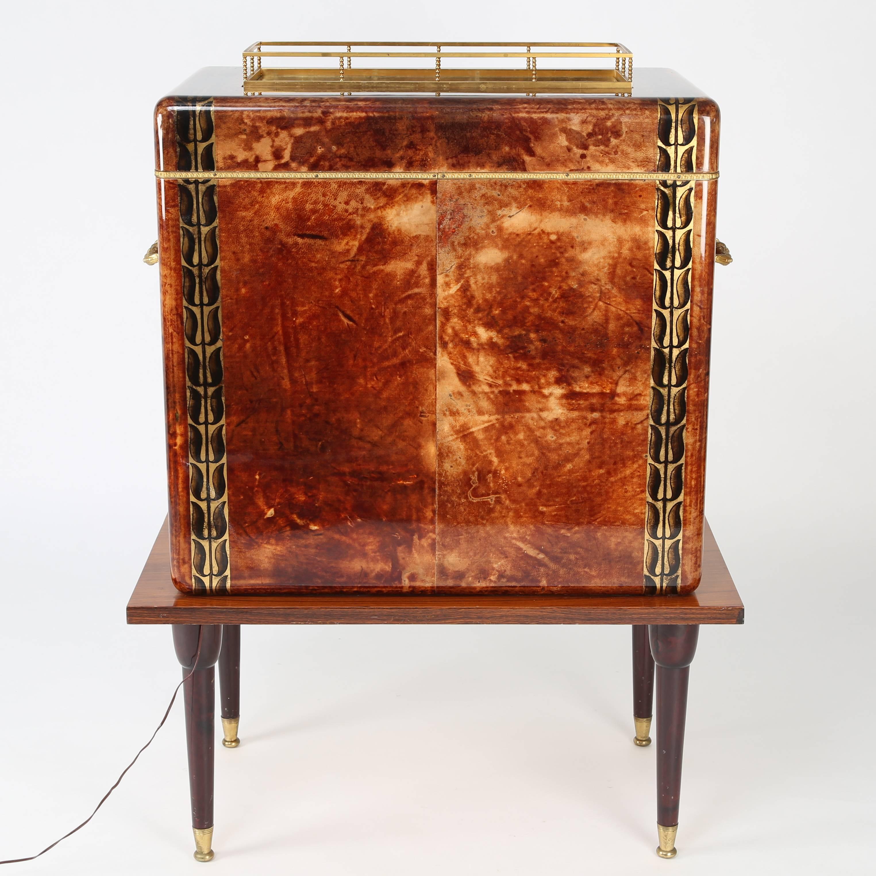 Lacquered 1950s Aldo Tura Goatskin Bar Cabinet with Serving Tray For Sale