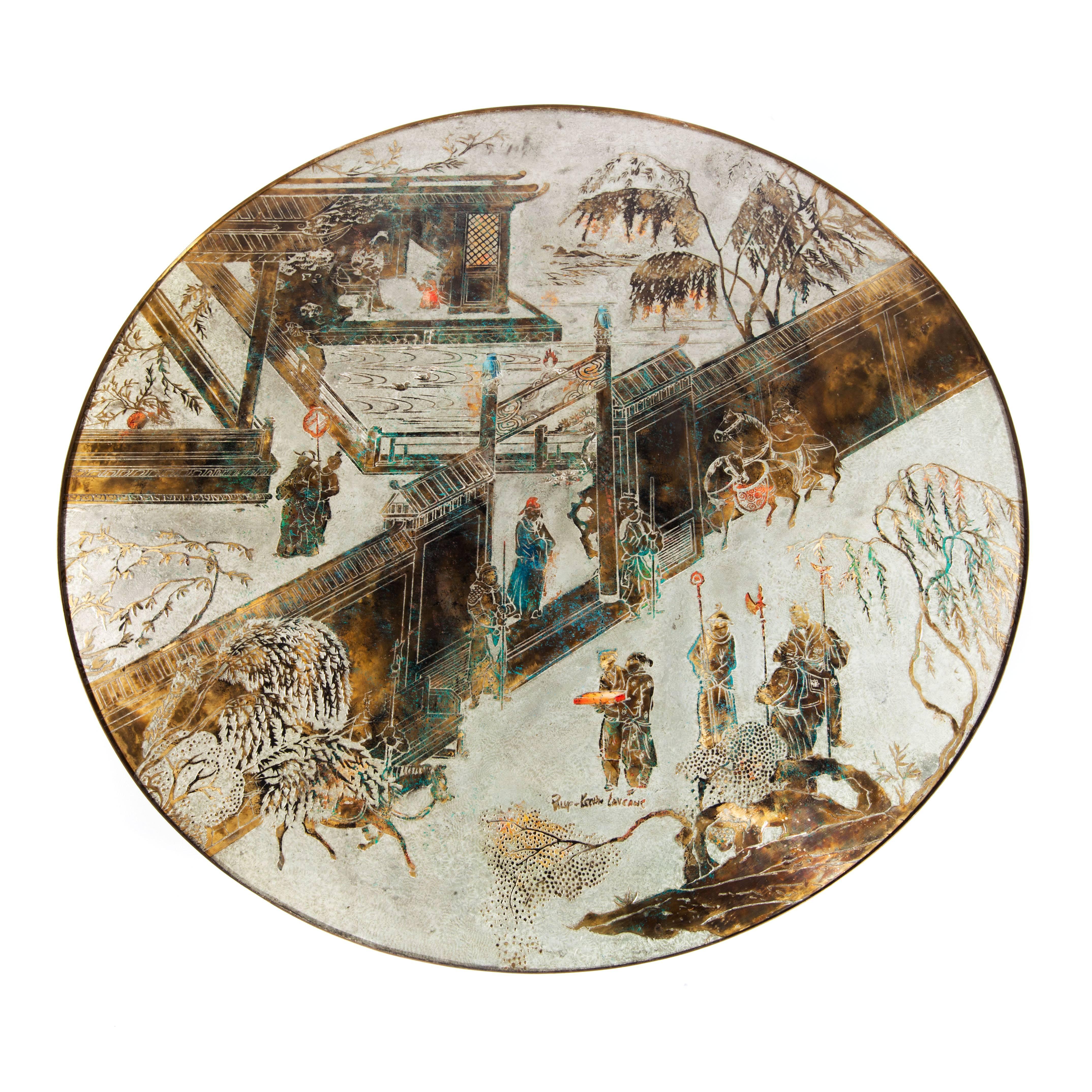 Large, signed Philip and Kelvin LaVerne "Chan" coffee table featuring an acid-etched top of patinated bronze, pewter and enamel depicting a village scene, supported by a weighted, eight-side bronze base with blue-enameled insets in a