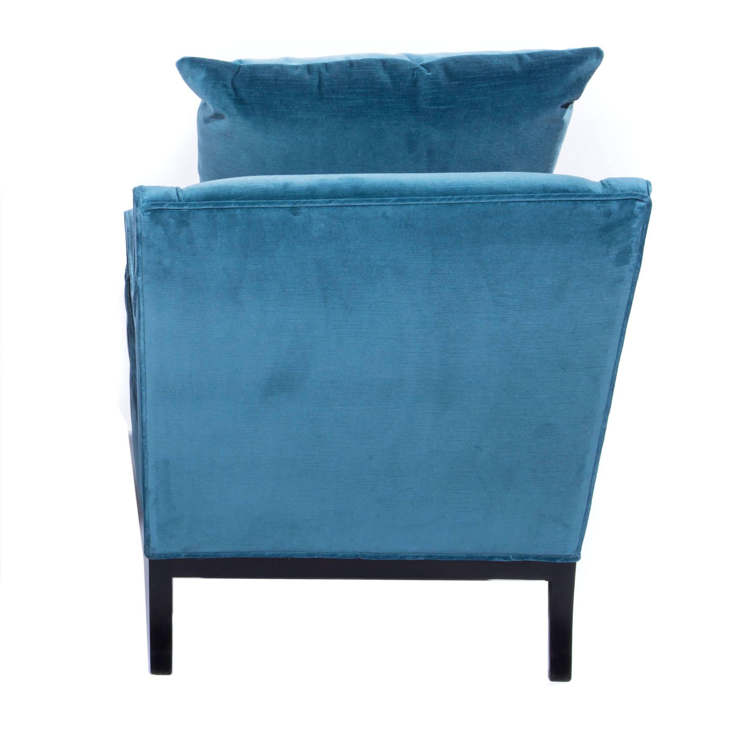 Ebonized Sloped-Arm Lounge Chair in Blue Velvet, circa 1960s