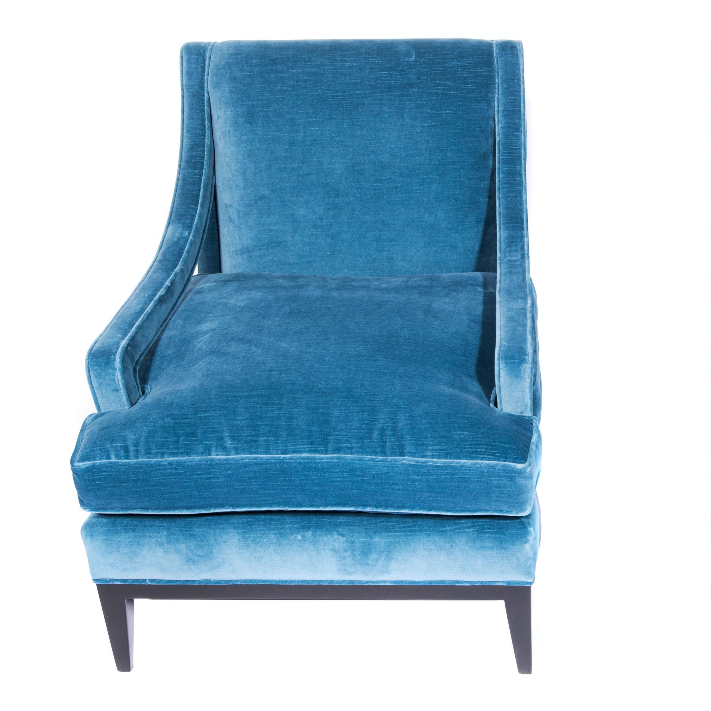 American Sloped-Arm Lounge Chair in Blue Velvet, circa 1960s