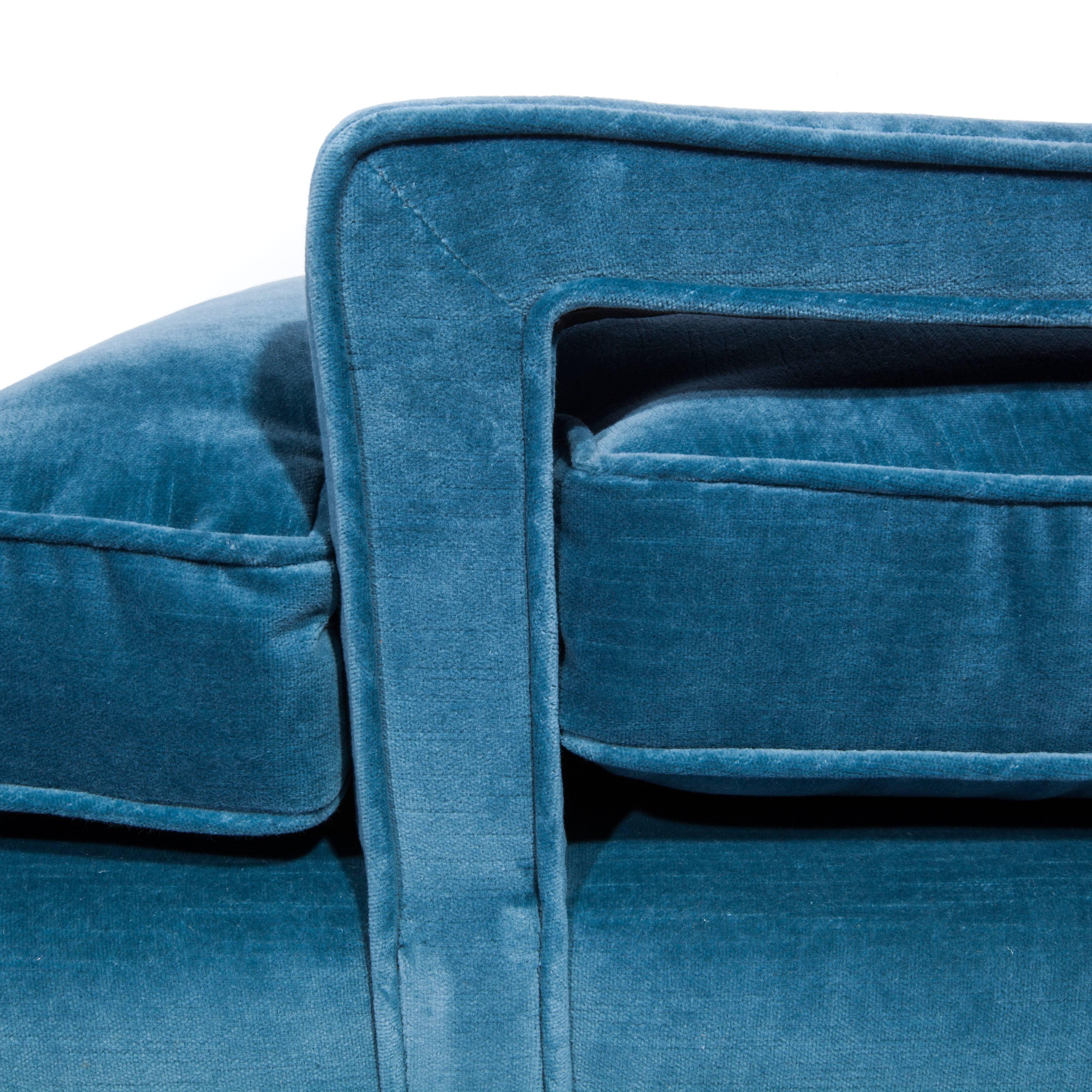 Mid-20th Century Sloped-Arm Lounge Chair in Blue Velvet, circa 1960s