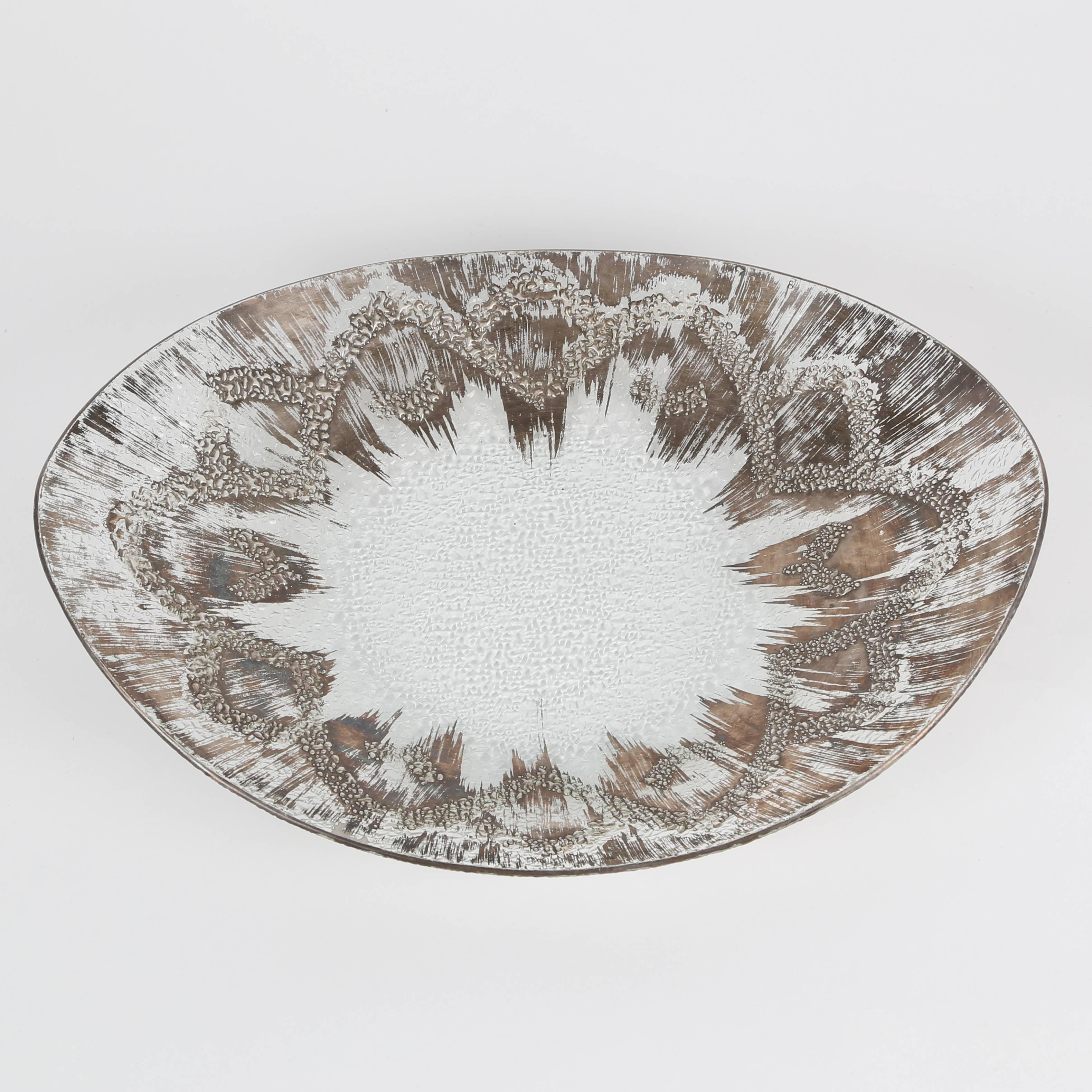 Elegant 1960s Dorothy Thorpe textured crystal bowl painted with sterling silver decoration. Organic ovoid shape. Note the textured underside, which shows through in the unadorned areas of the dish. Stunning reflective quality either as a centerpiece