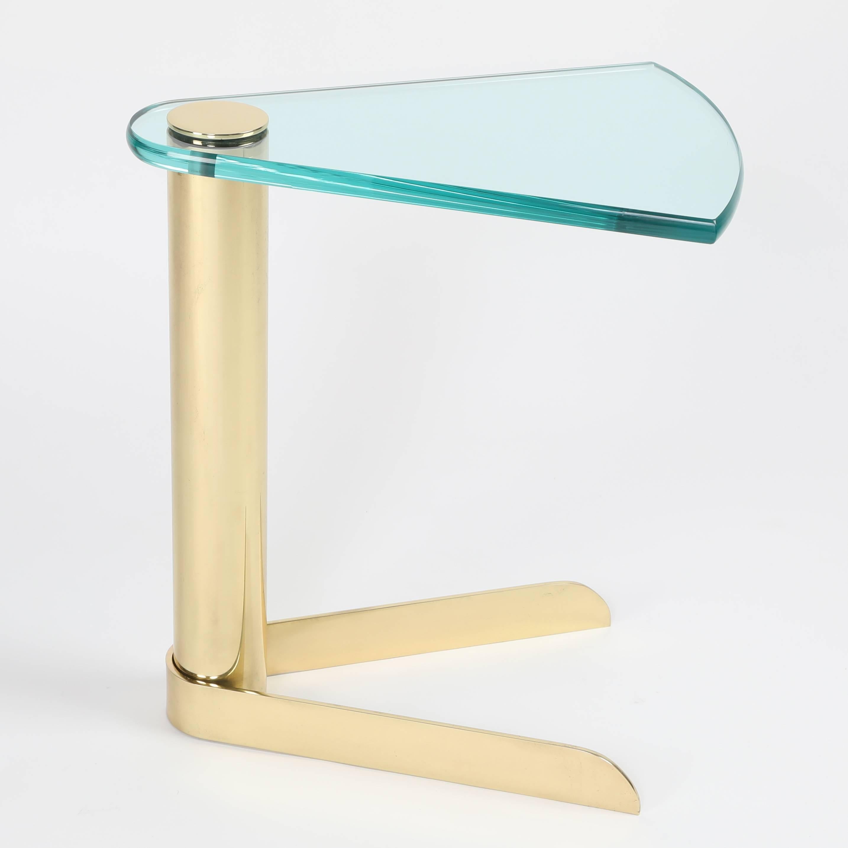 American 1970s Wedge-Shaped Occasional Table in Brass and Glass by Pace Furniture