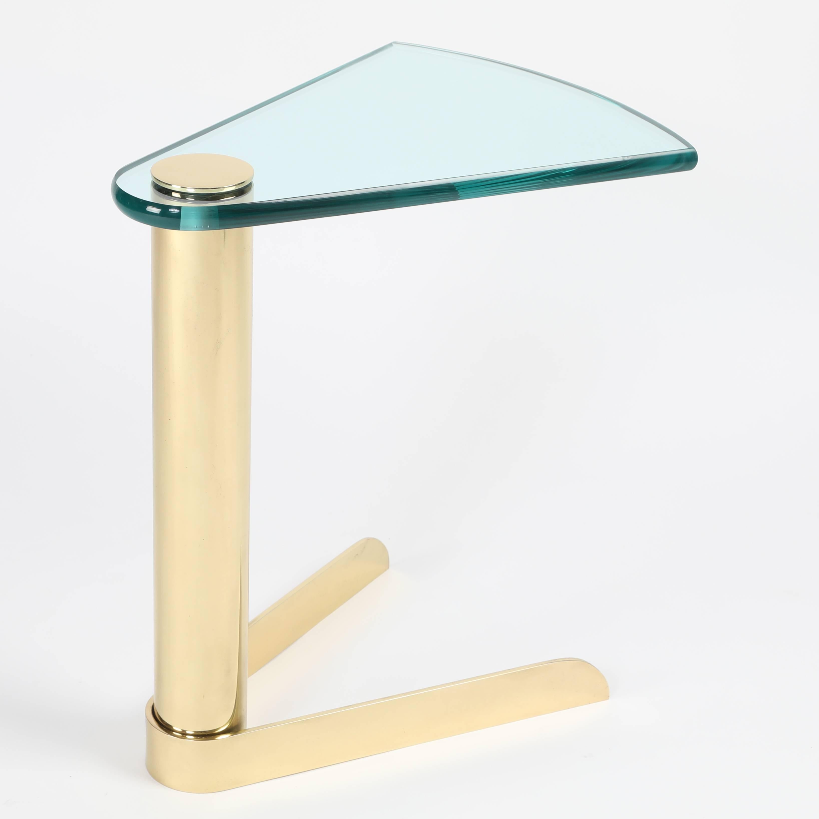 Polished 1970s Wedge-Shaped Occasional Table in Brass and Glass by Pace Furniture