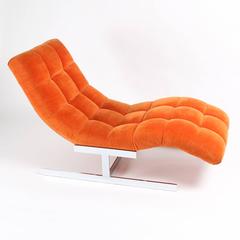 1970s Milo Baughman "Wave" Chaise Longue in Original Orange Velvet