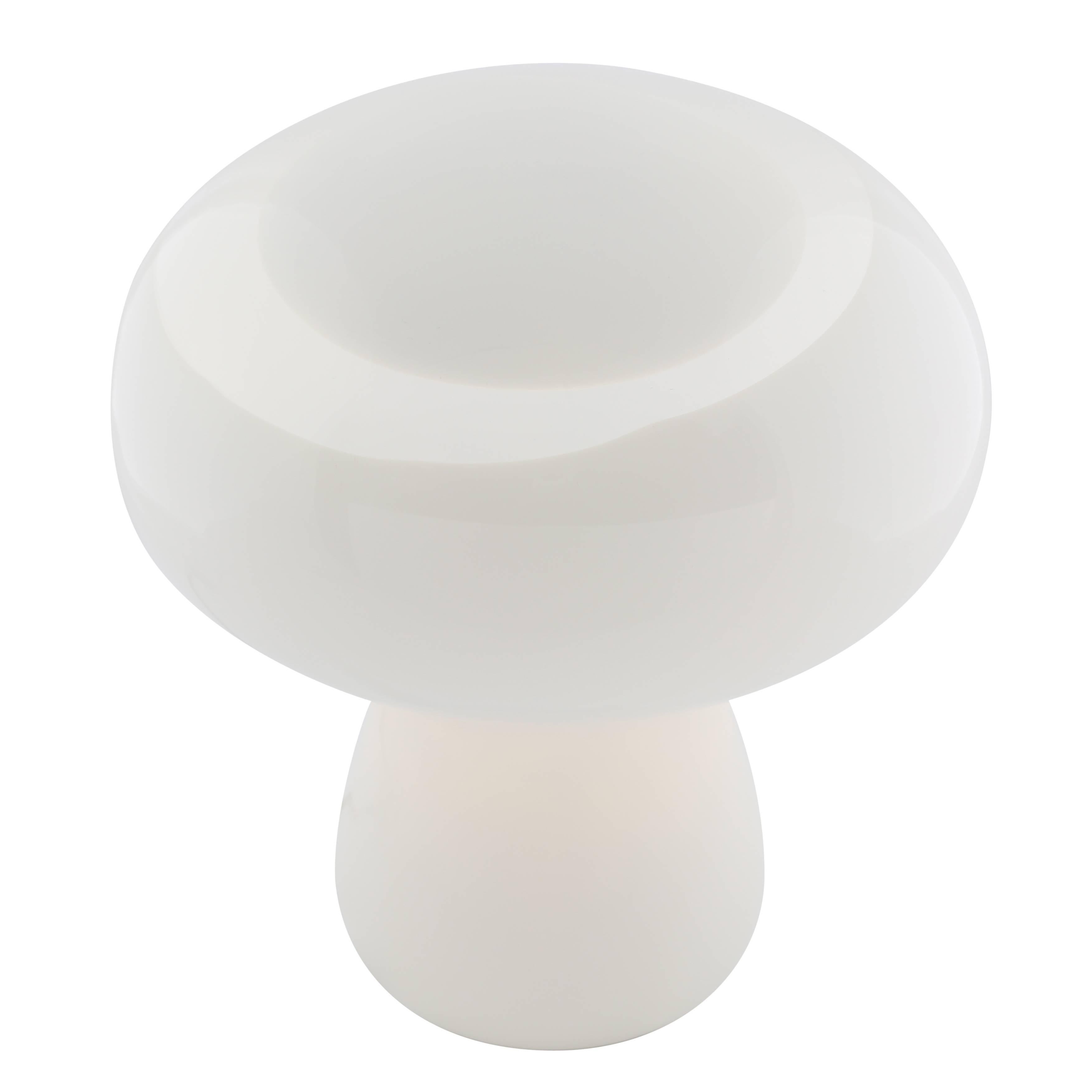 Versatile and stylish 1970s accent lamp in a rounded mushroom form. White glass with a clear swirl at the top, giving it added interest. Takes a single standard-base bulb, 40 watts maximum. Switch on cord. 

See this item in our Brooklyn showroom,