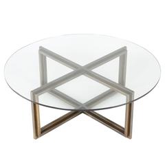 Bronze X-Base Coffee Table with Round Glass Top, circa 1970s