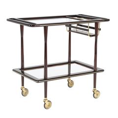 1950s Italian Bar Cart in Polished Mahogany, Brass and Glass