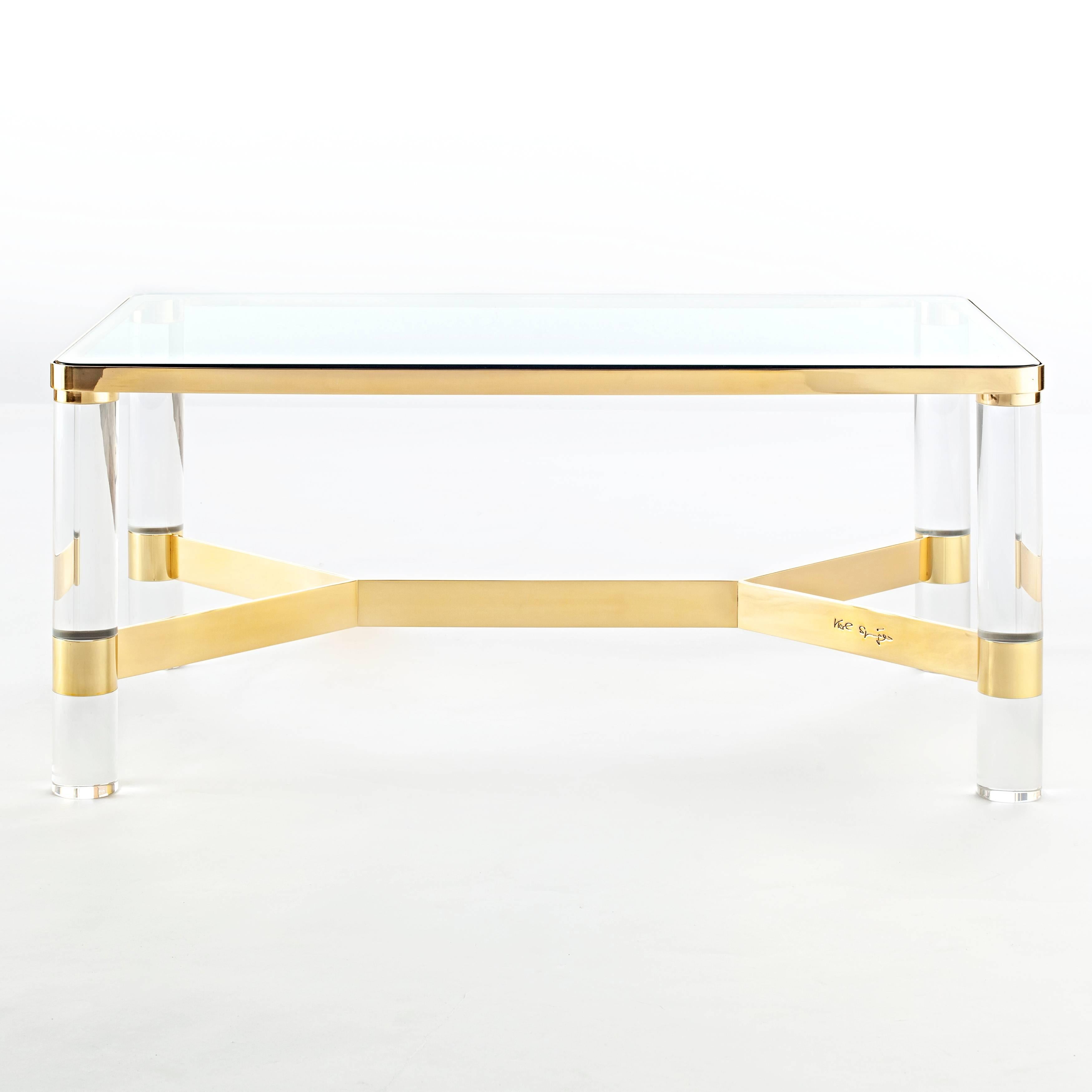 Polished Signed Karl Springer Brass and Lucite Cocktail Table, circa 1980s