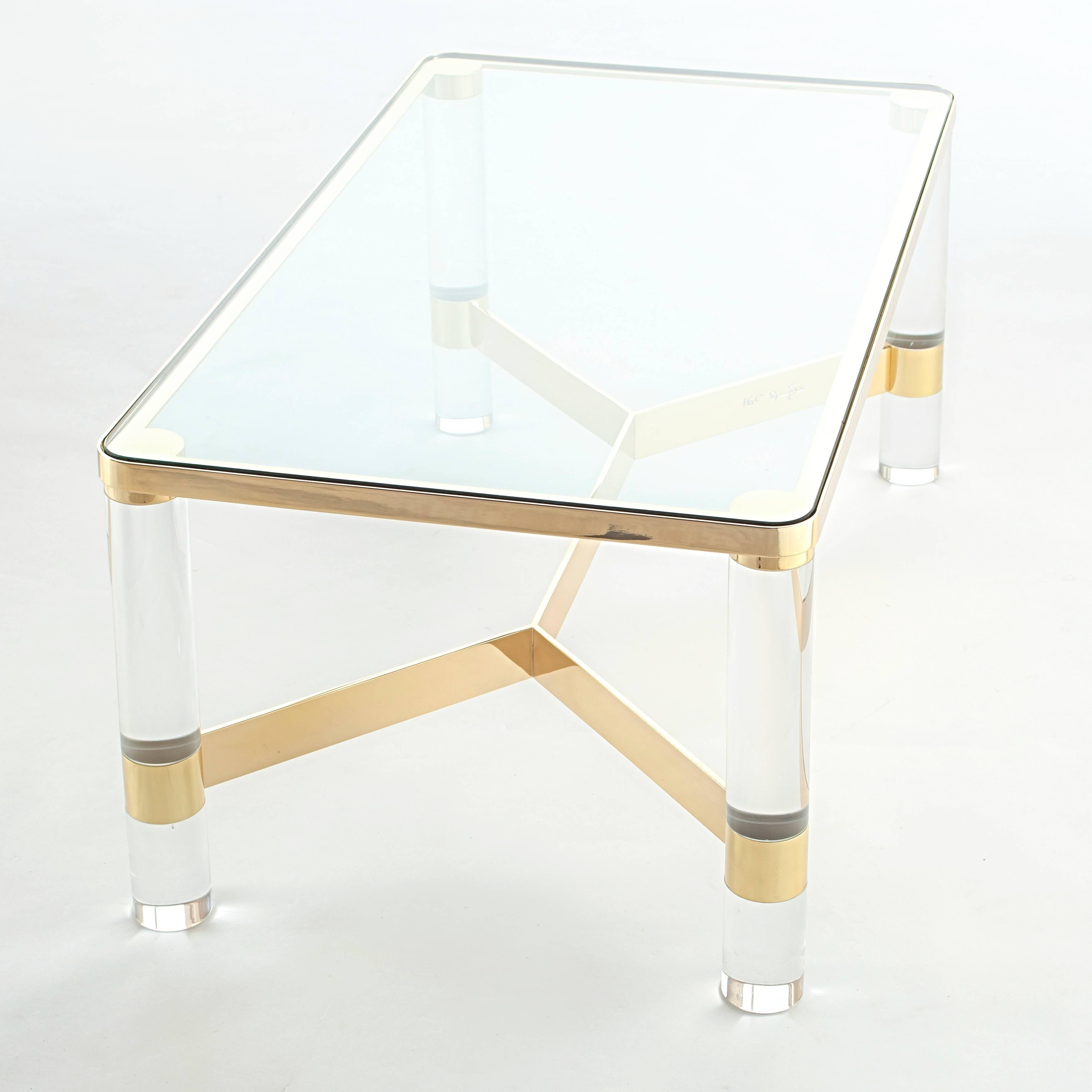 Signed Karl Springer Brass and Lucite Cocktail Table, circa 1980s In Excellent Condition In Brooklyn, NY