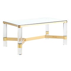 Signed Karl Springer Brass and Lucite Cocktail Table, circa 1980s