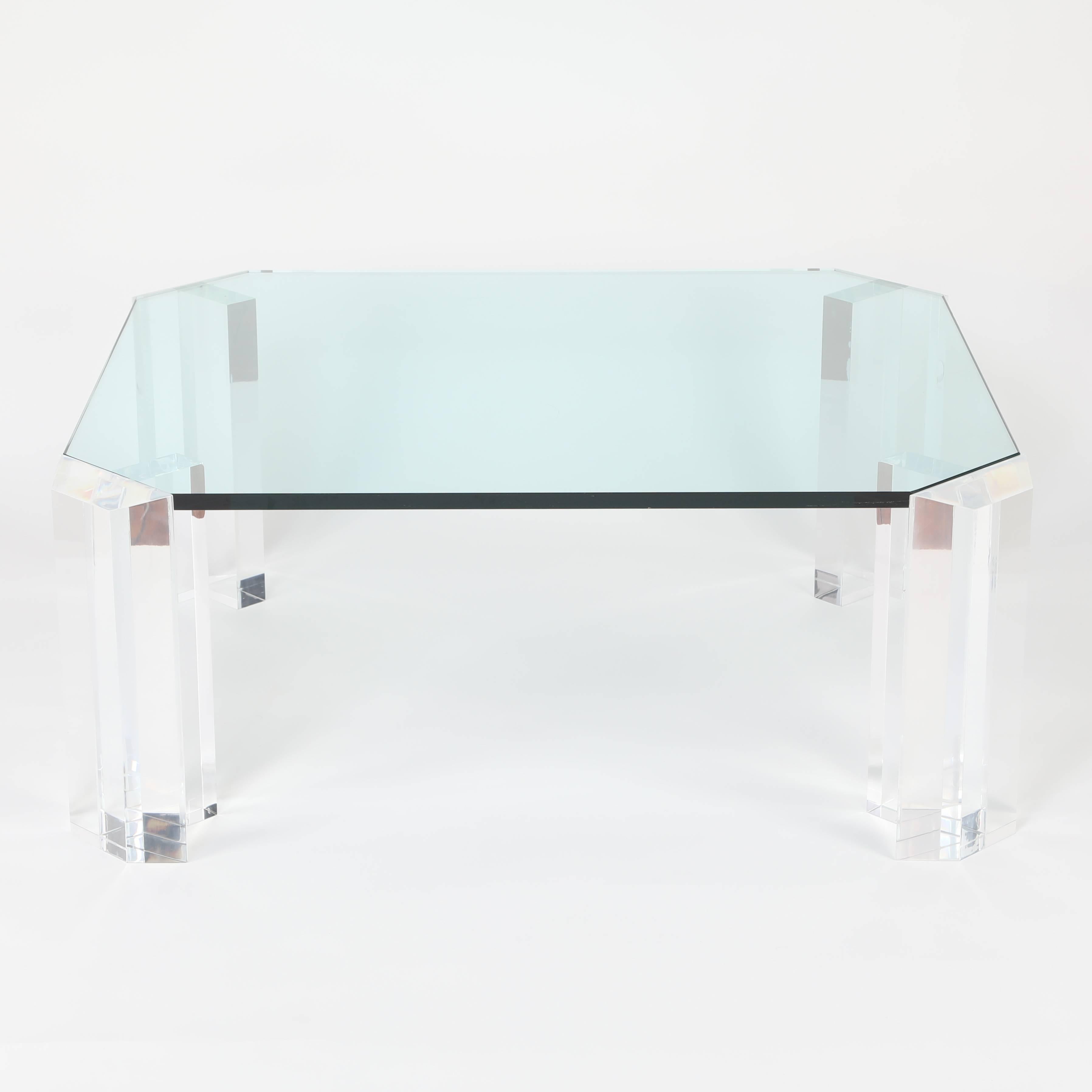 American Rectangular 1970s Glass Cocktail Table with Clipped Corners and Lucite Supports For Sale