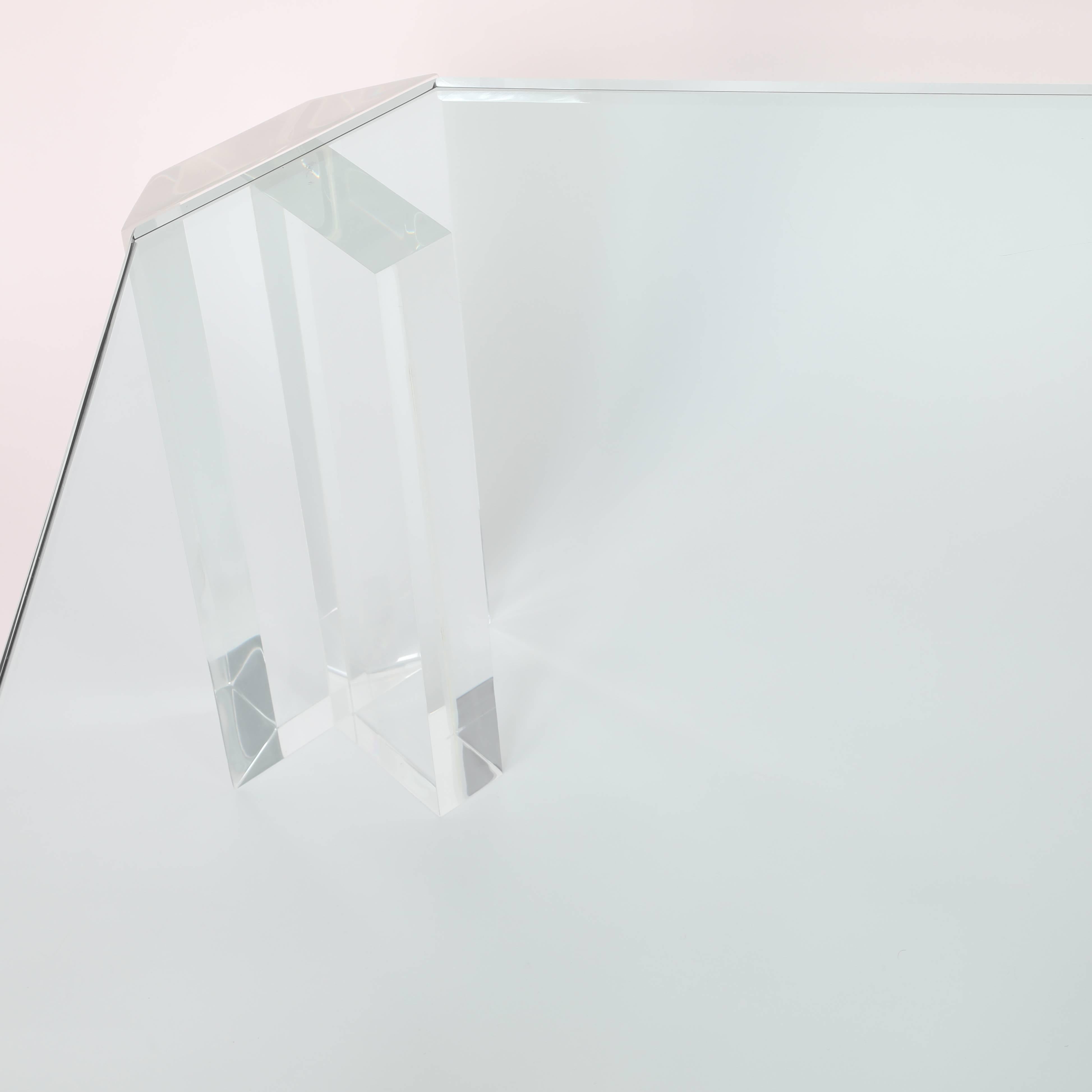 Rectangular 1970s Glass Cocktail Table with Clipped Corners and Lucite Supports For Sale 3