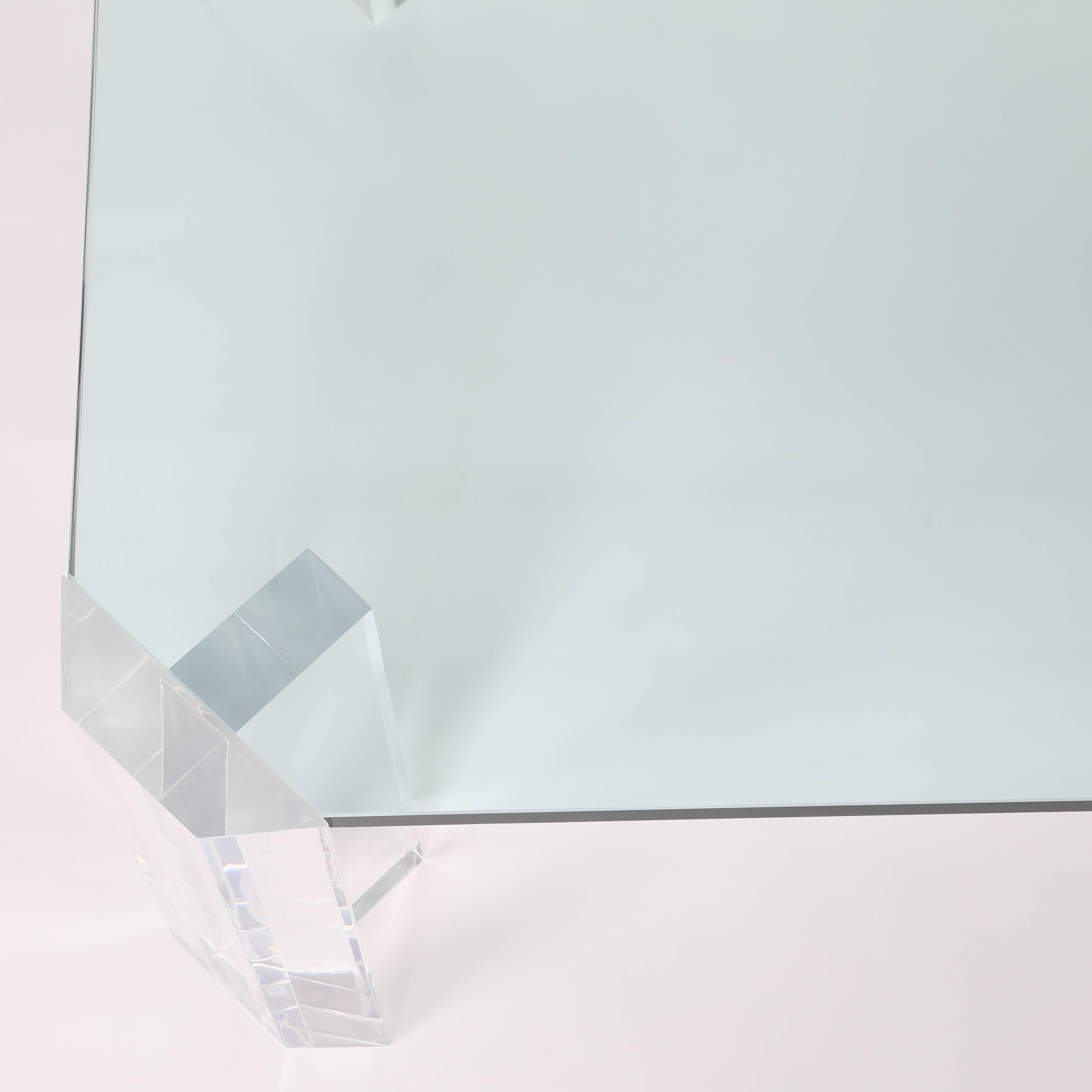 Rectangular 1970s Glass Cocktail Table with Clipped Corners and Lucite Supports For Sale 2