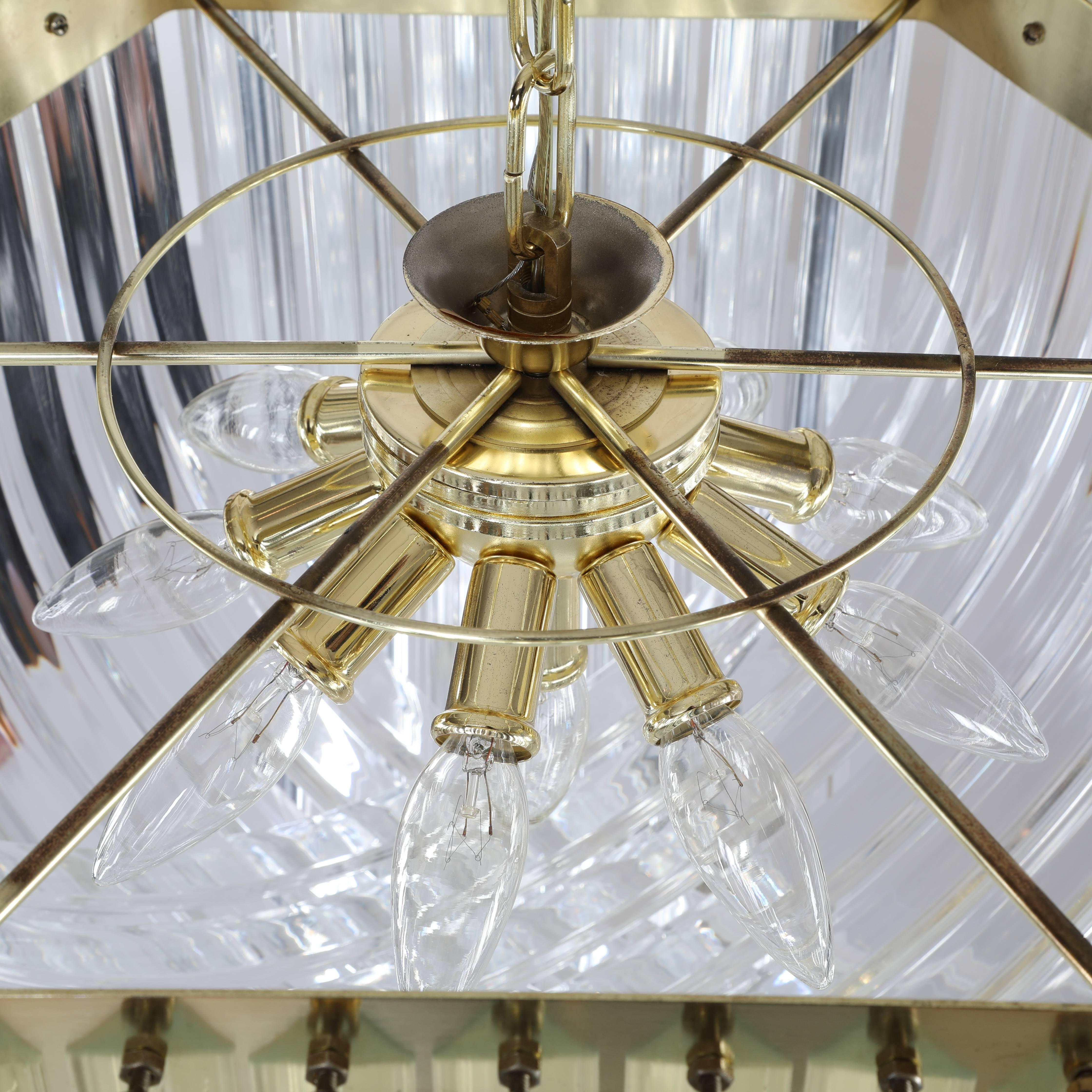 1970s Bent-Lucite Chandelier with Brass Frame 1