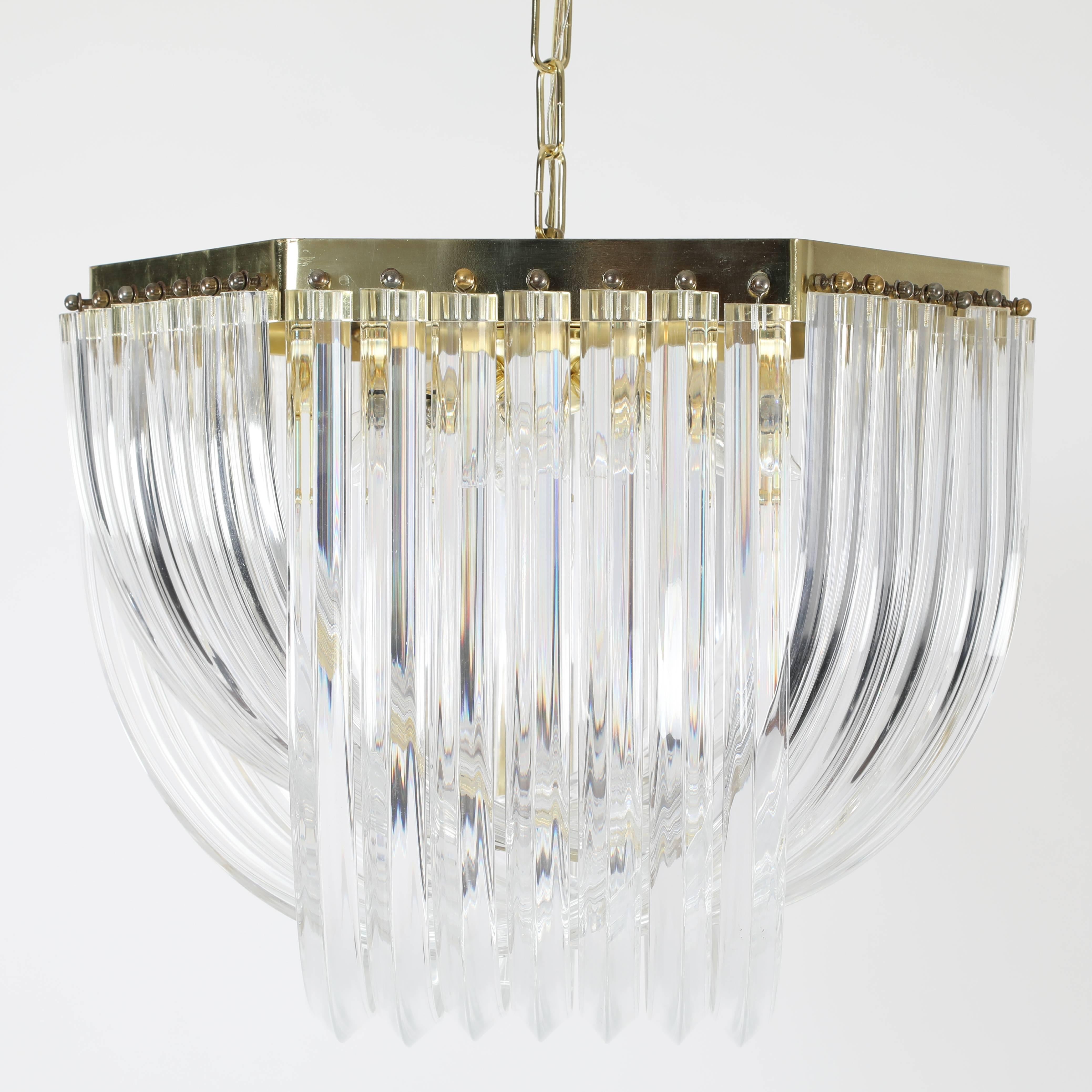American 1970s Bent-Lucite Chandelier with Brass Frame