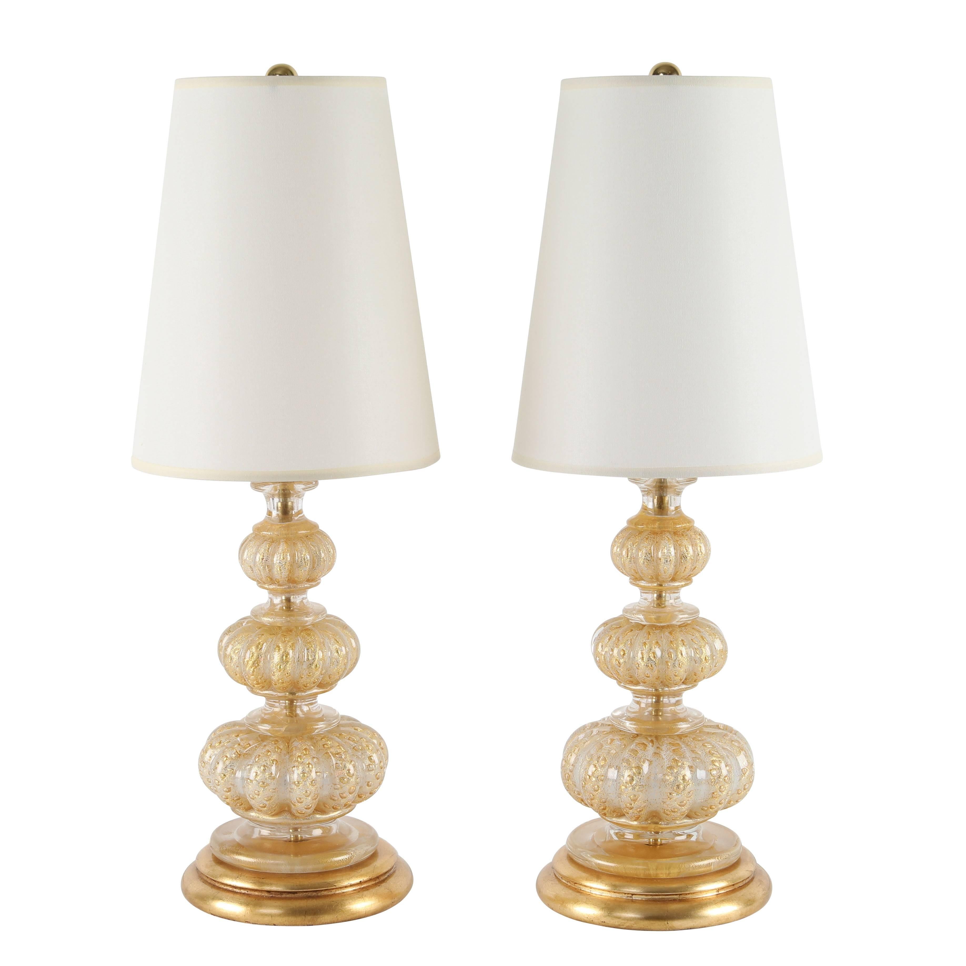 Pair of 1940s Bubble and Gold Leaf "Cordonato d'Oro" Lamps by Ercole Barovier For Sale