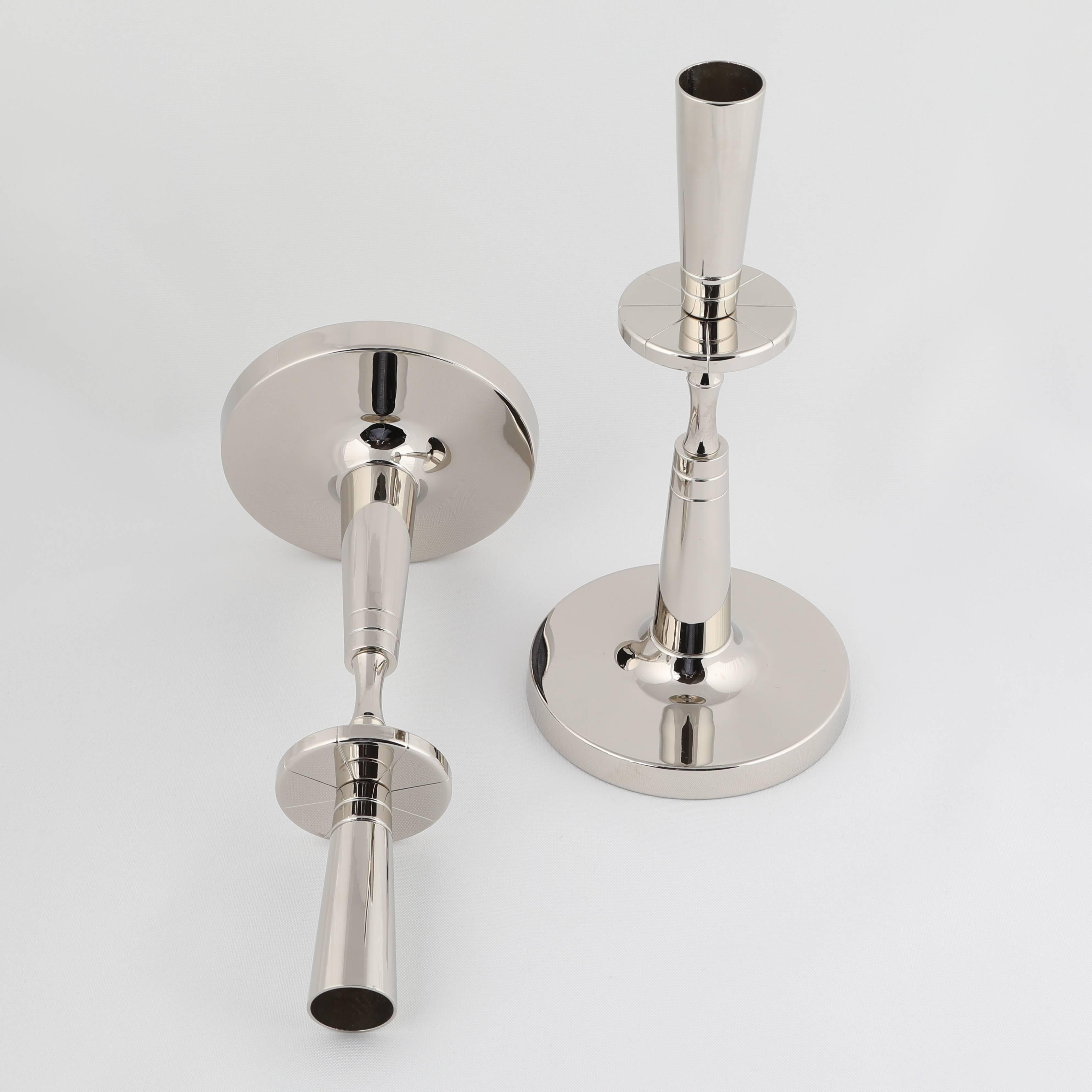 American Pair of 1950s Tommi Parzinger Nickel-Plated Candleholders For Sale
