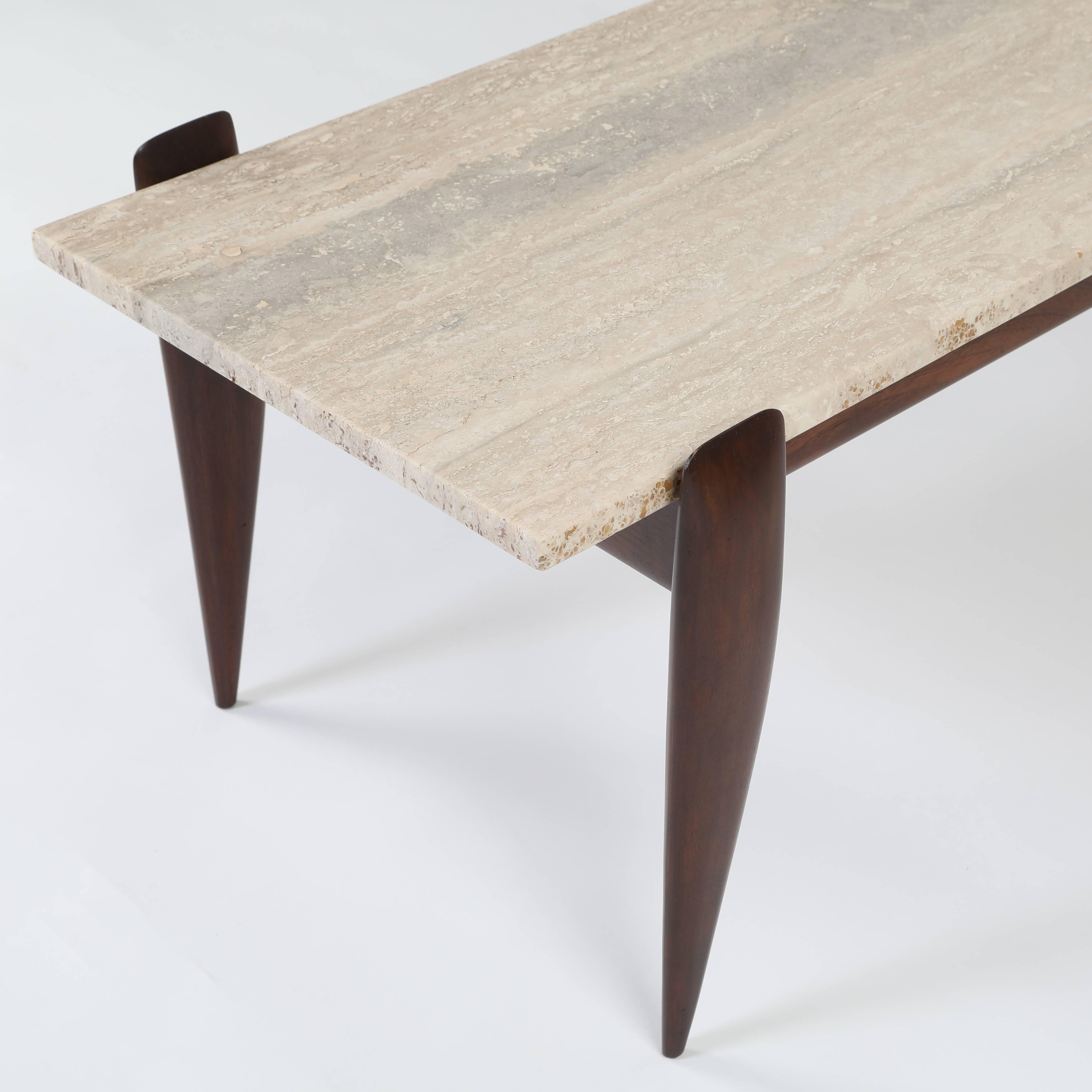 Gio Ponti for Singer & Sons Walnut and Travertine Coffee Table, circa 1950s 1