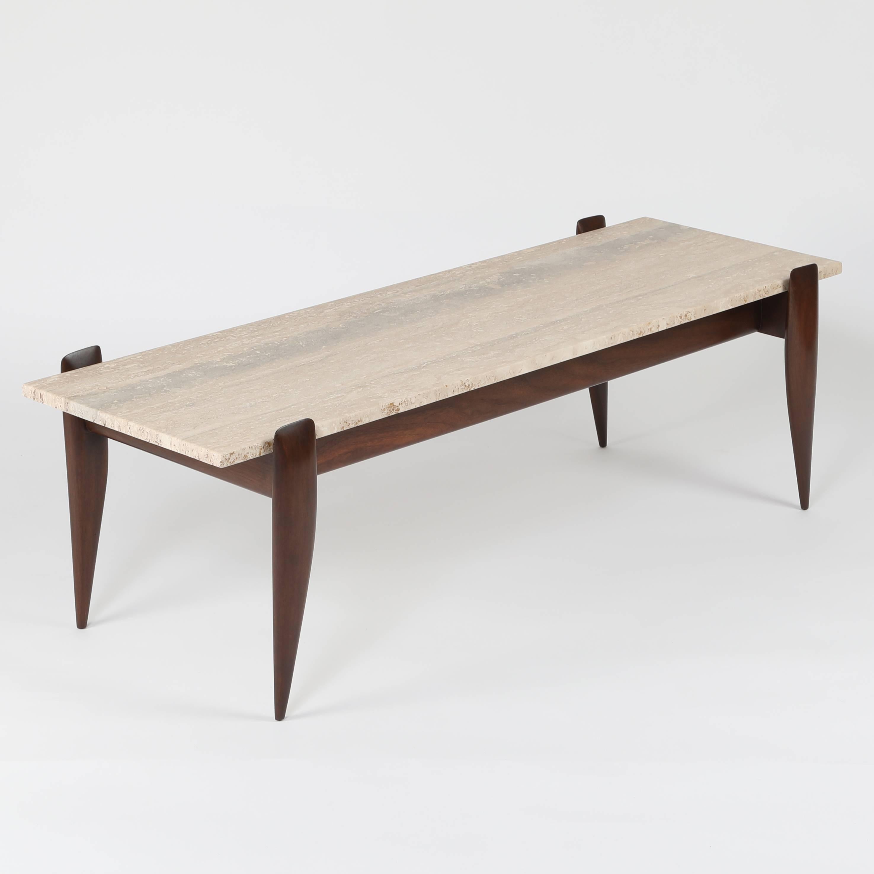 Italian Gio Ponti for Singer & Sons Walnut and Travertine Coffee Table, circa 1950s