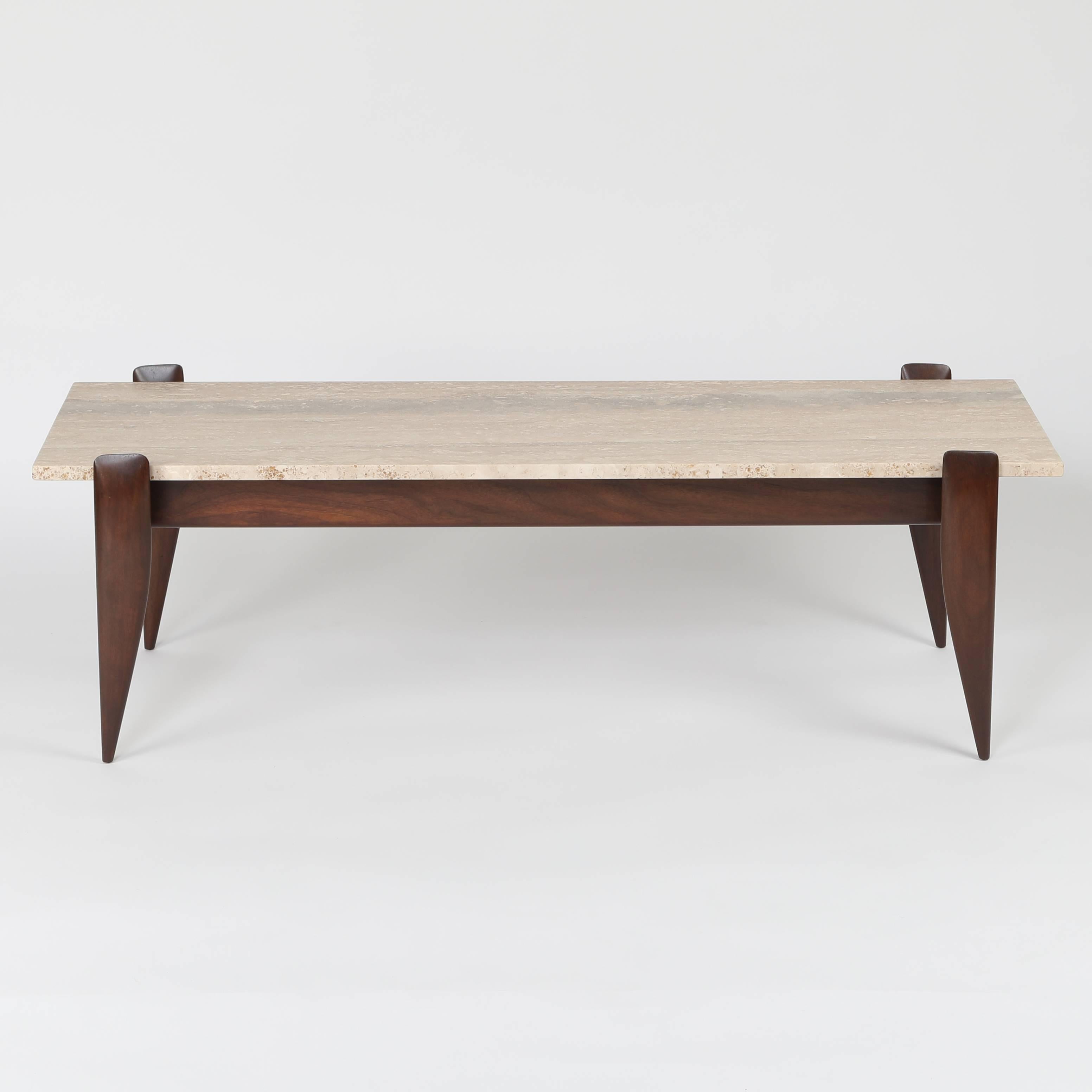 Gio Ponti for Singer & Sons Walnut and Travertine Coffee Table, circa 1950s In Good Condition In Brooklyn, NY