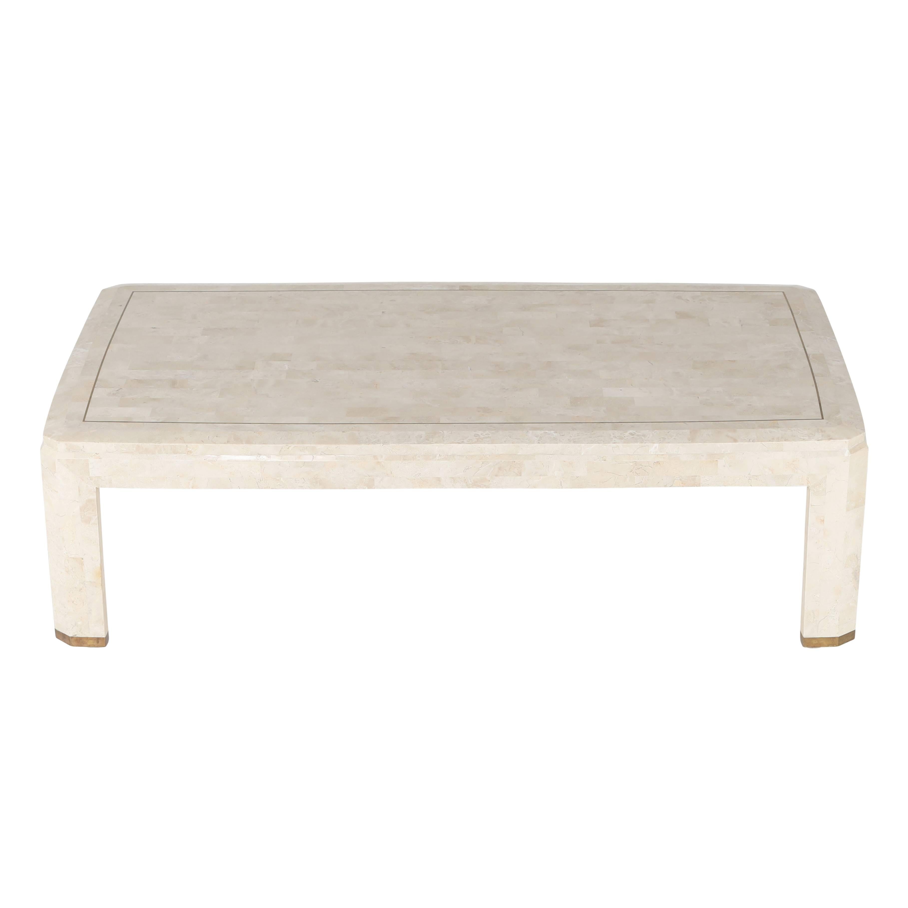 Maitland-Smith Tessellated Coral Stone and Brass Coffee Table, circa 1980s