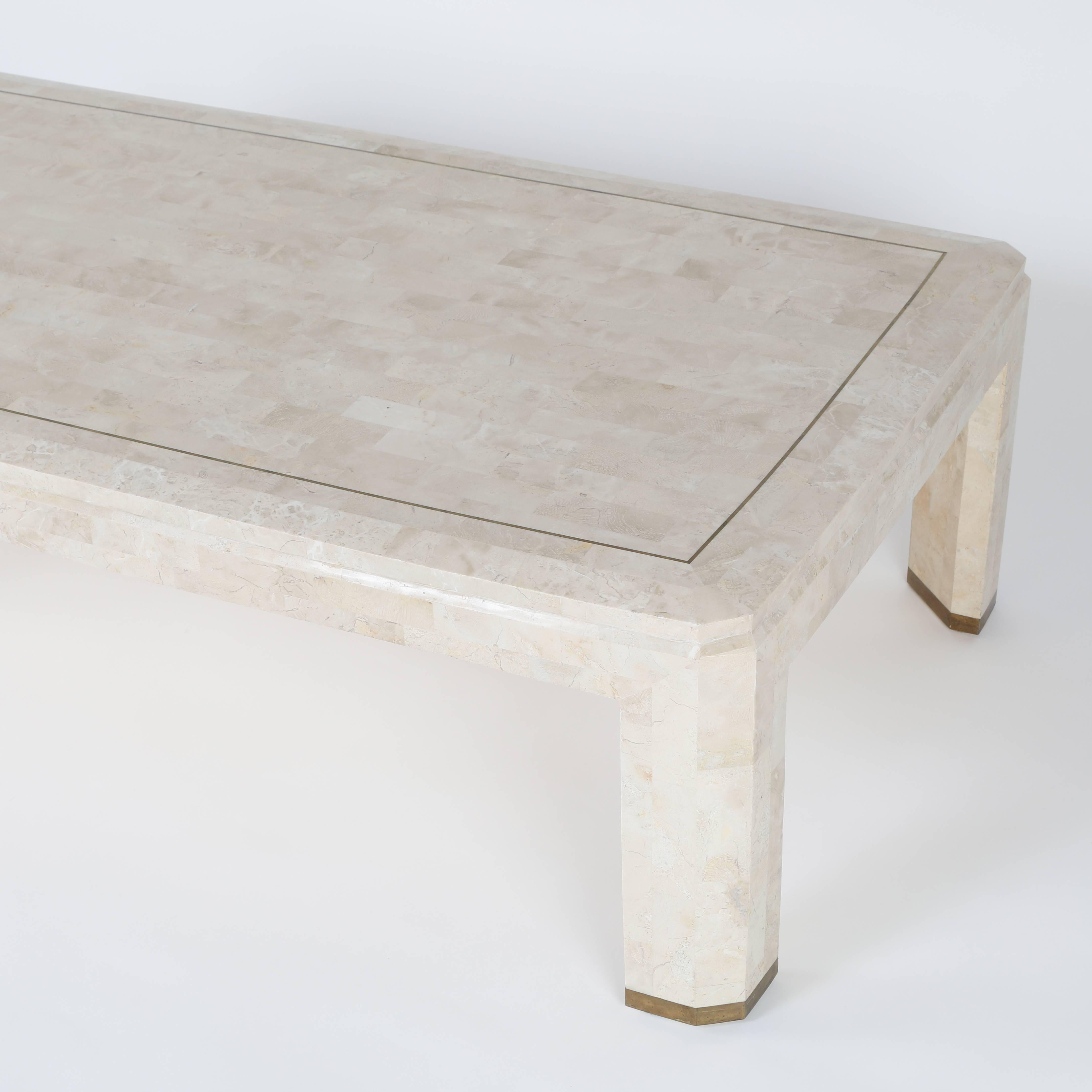 Maitland-Smith Tessellated Coral Stone and Brass Coffee Table, circa 1980s In Excellent Condition In Brooklyn, NY
