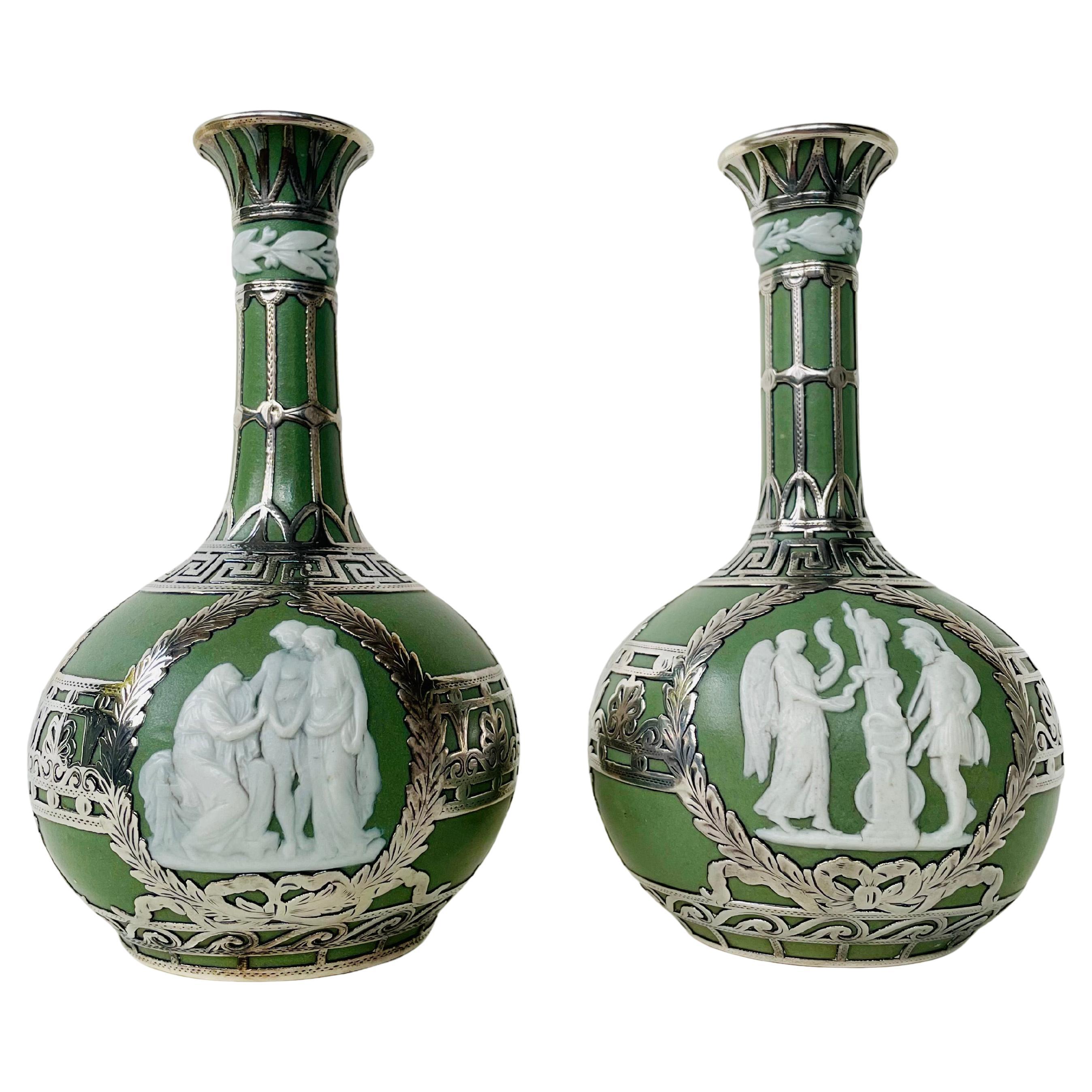 Pair Aesthetic Wedgwood Green Jasper Dip Stoneware Silver Overlay Bud Vases