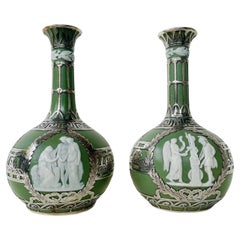 Pair Aesthetic Wedgwood Green Jasper Dip Stoneware Silver Overlay Bud Vases