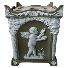 18th Century Wedgwood Solid Green Jasper Stoneware Bough Pot, Cupid as Seasons
