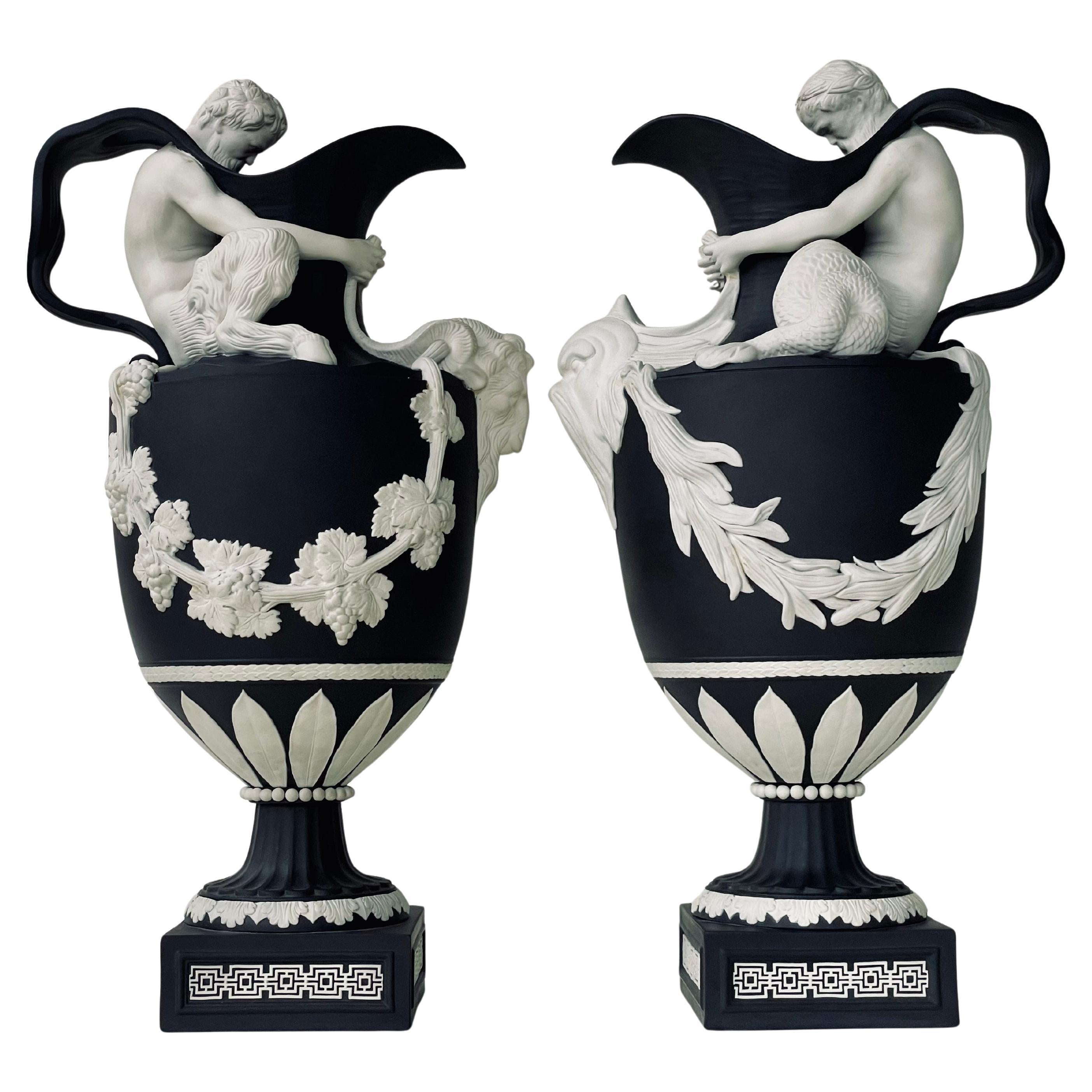 Pair Modern Wedgwood Black Jasper Stoneware Ewers, Sacred to Bacchus and Neptune