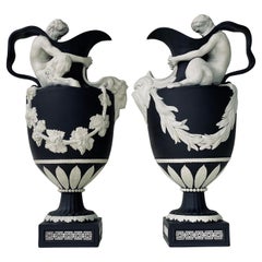 Pair Modern Wedgwood Black Jasper Stoneware Ewers, Sacred to Bacchus and Neptune