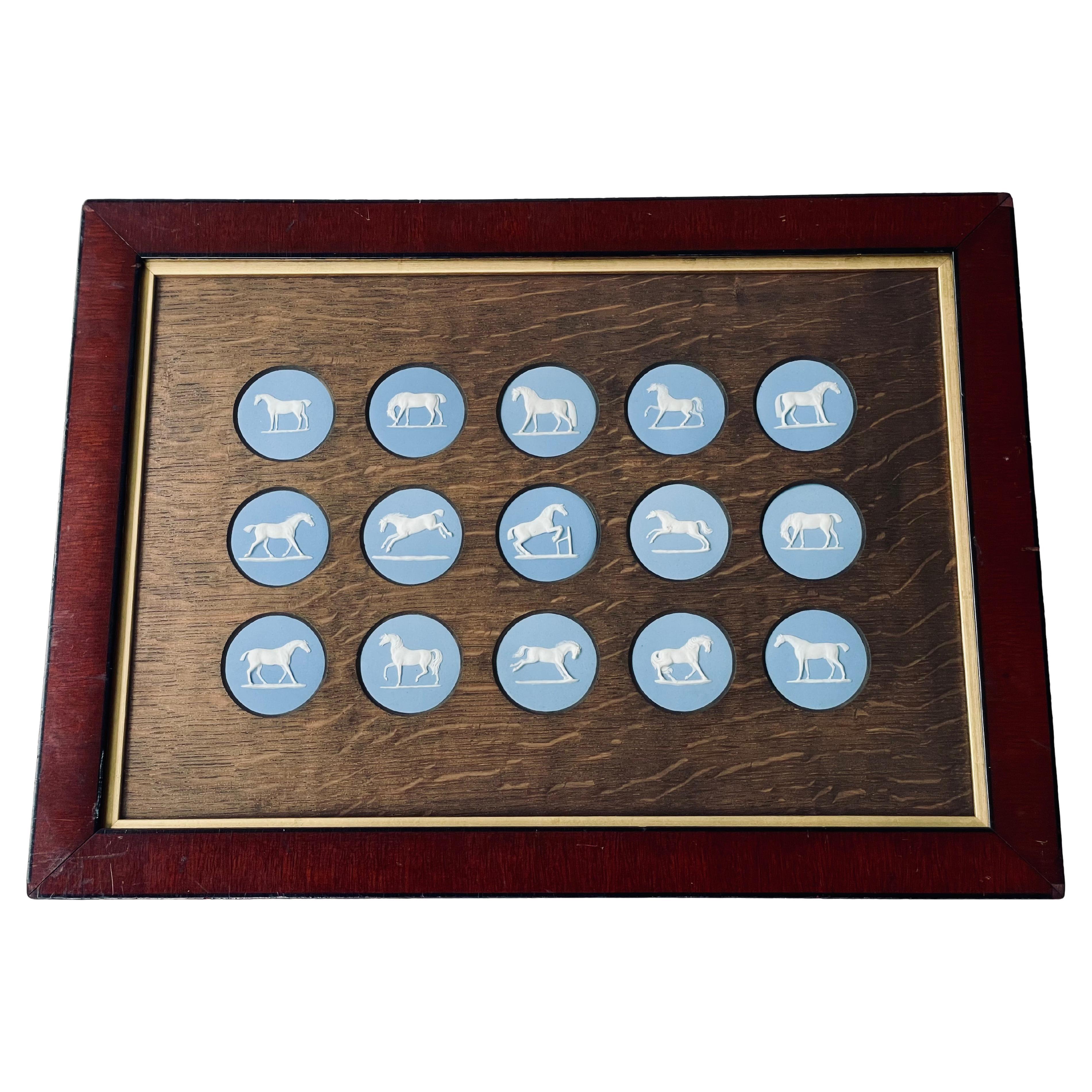 Set Fifteen Framed Wedgwood Blue Jasper Stoneware Horse Medallions after Stubbs